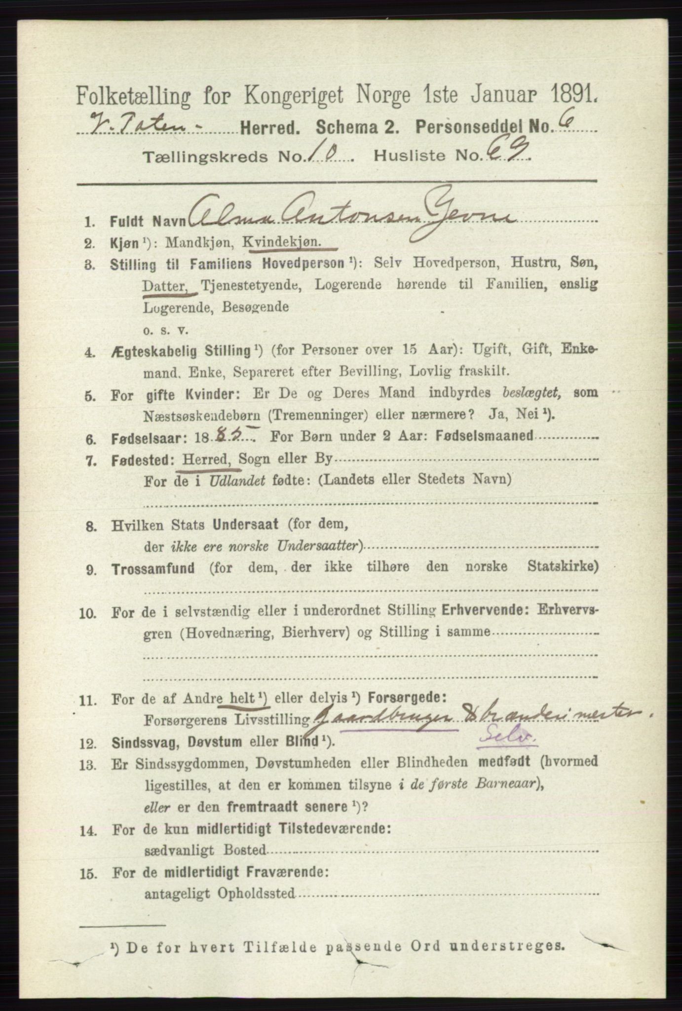 RA, 1891 census for 0529 Vestre Toten, 1891, p. 6592