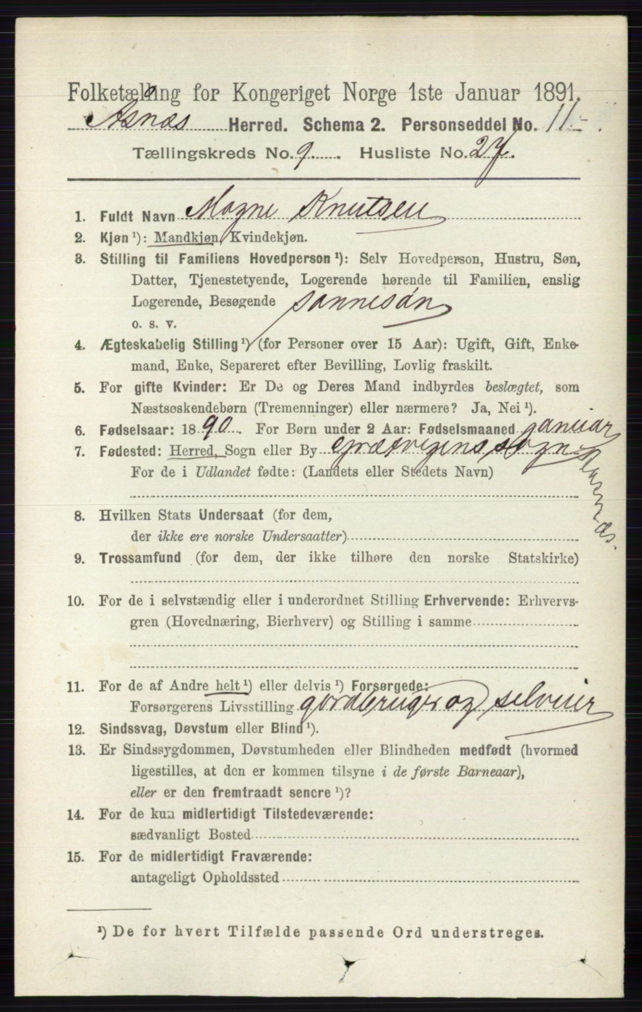 RA, 1891 census for 0425 Åsnes, 1891, p. 4761
