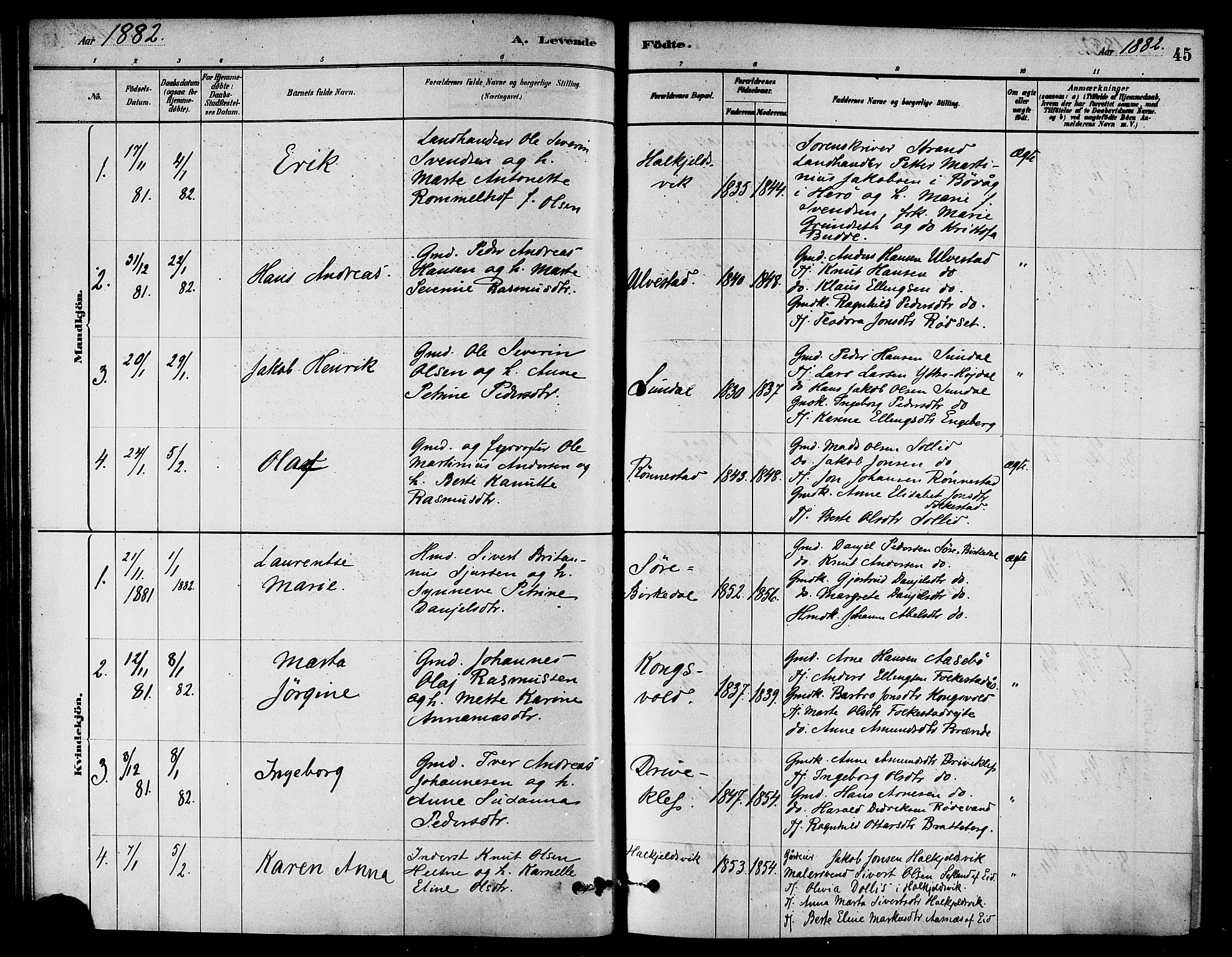 Ministerialprotokoller, klokkerbøker og fødselsregistre - Møre og Romsdal, AV/SAT-A-1454/511/L0141: Parish register (official) no. 511A08, 1878-1890, p. 45