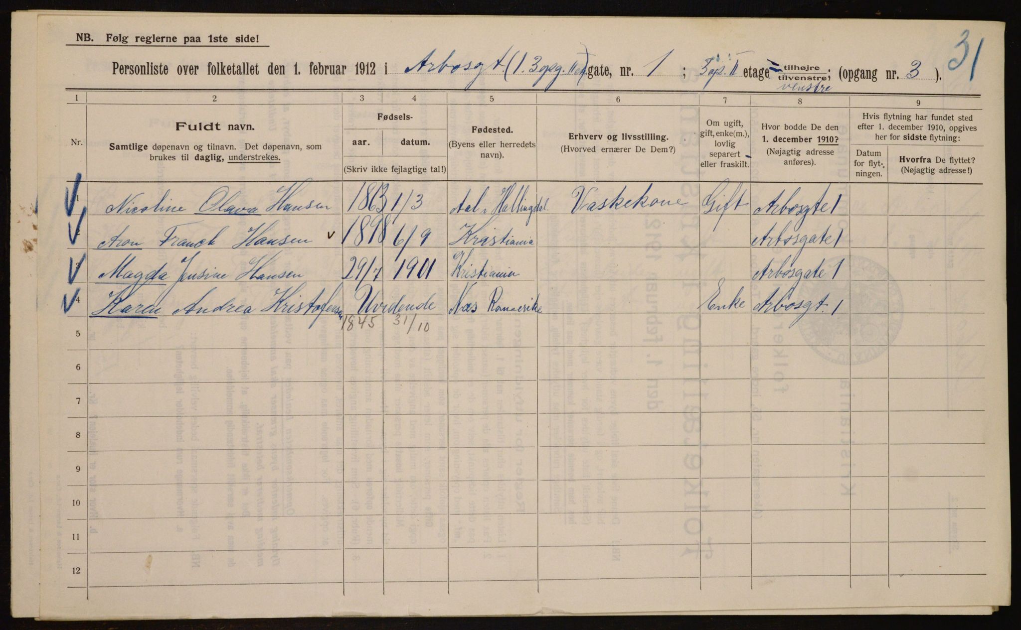 OBA, Municipal Census 1912 for Kristiania, 1912, p. 1674