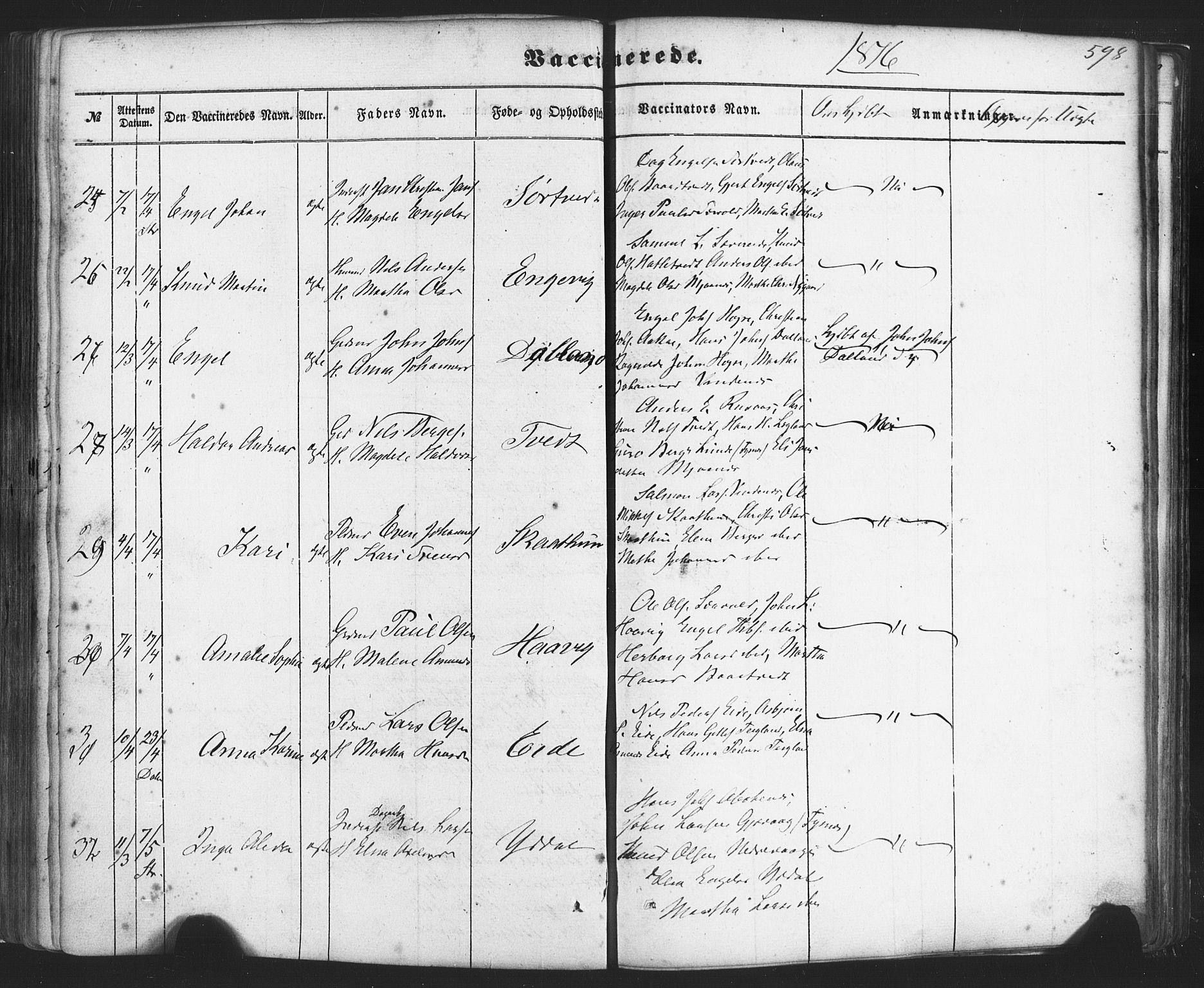 Fusa sokneprestembete, AV/SAB-A-75401/H/Haa: Parish register (official) no. A 1II, 1855-1879, p. 598