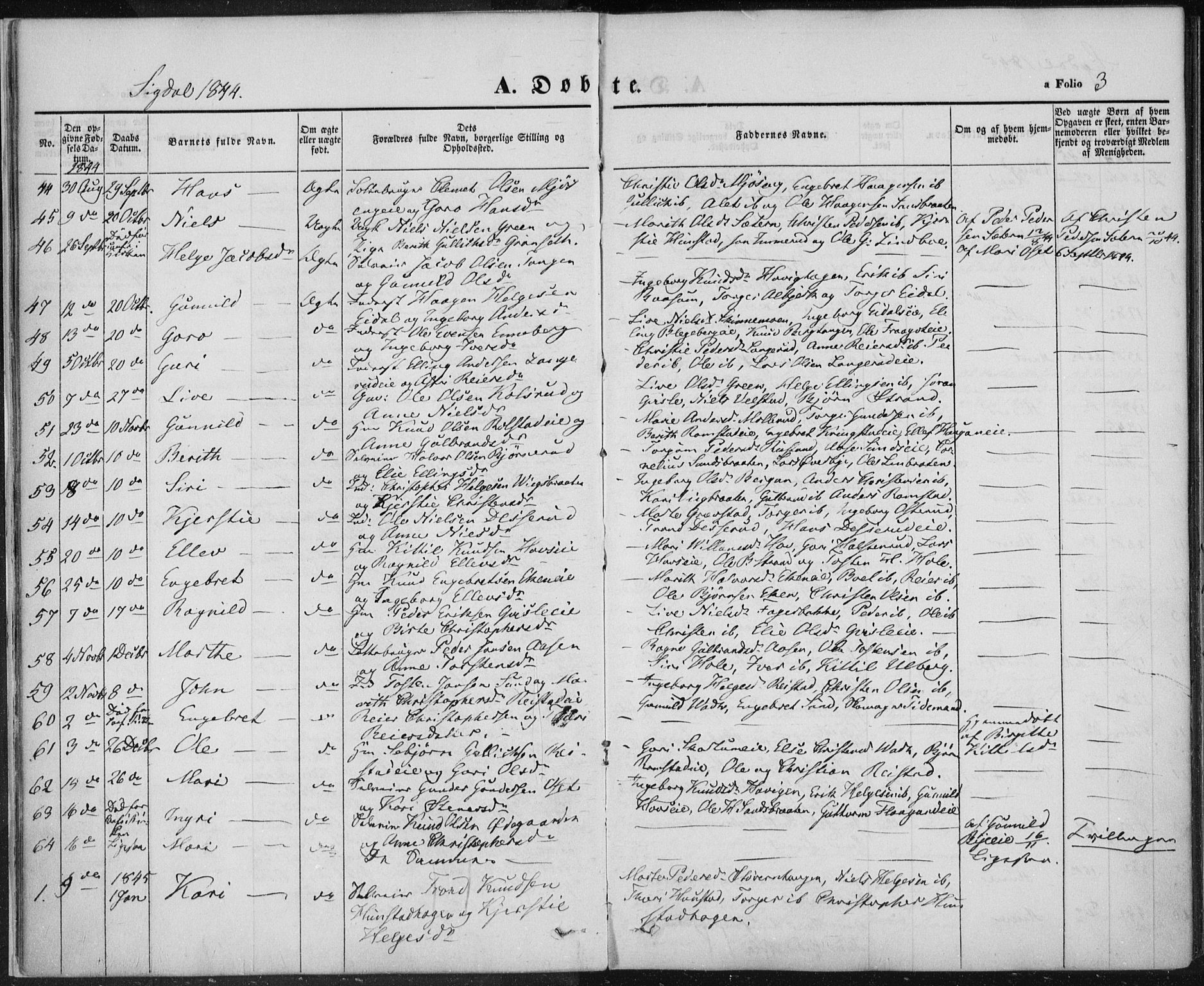 Sigdal kirkebøker, SAKO/A-245/F/Fa/L0007: Parish register (official) no. I 7, 1844-1849, p. 3