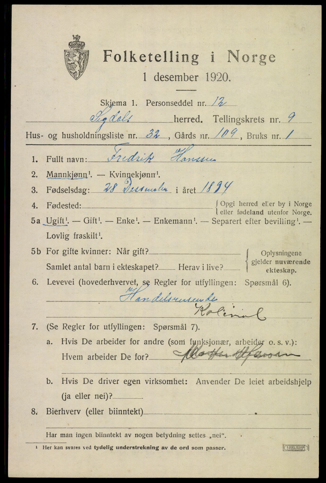 SAKO, 1920 census for Sigdal, 1920, p. 6792