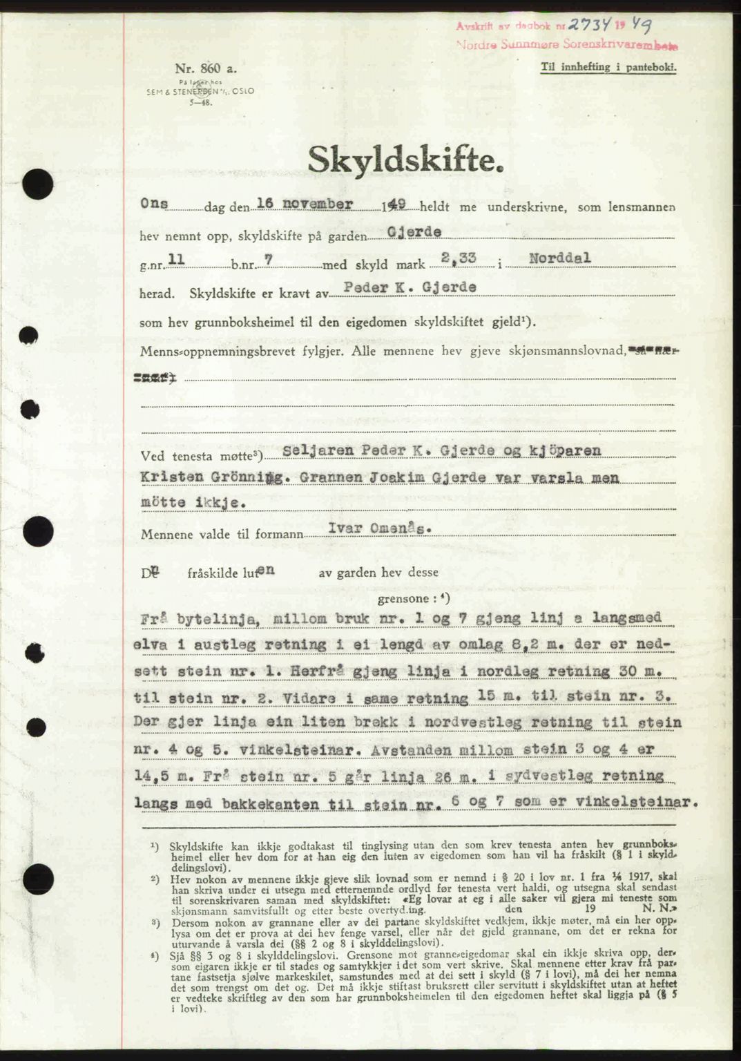 Nordre Sunnmøre sorenskriveri, AV/SAT-A-0006/1/2/2C/2Ca: Mortgage book no. A33, 1949-1950, Diary no: : 2734/1949