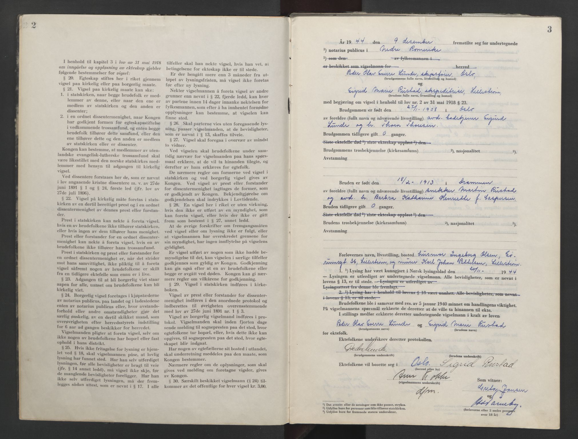Nedre Romerike sorenskriveri, SAO/A-10469/L/Lb/L0006: Vigselsbok - borgerlige vielser, 1944-1946, p. 2-3