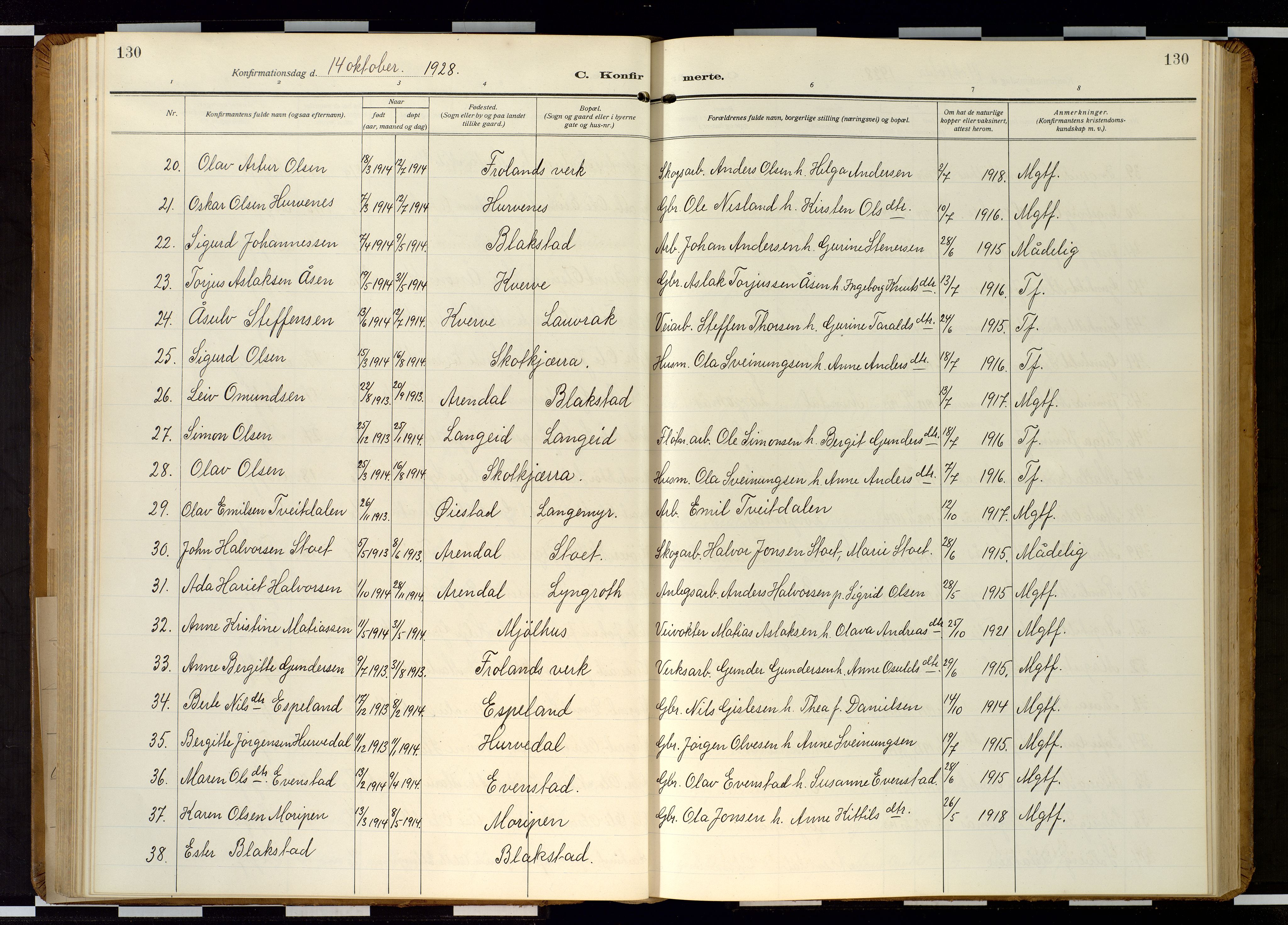 Froland sokneprestkontor, SAK/1111-0013/F/Fb/L0011: Parish register (copy) no. B 11, 1921-1947, p. 130