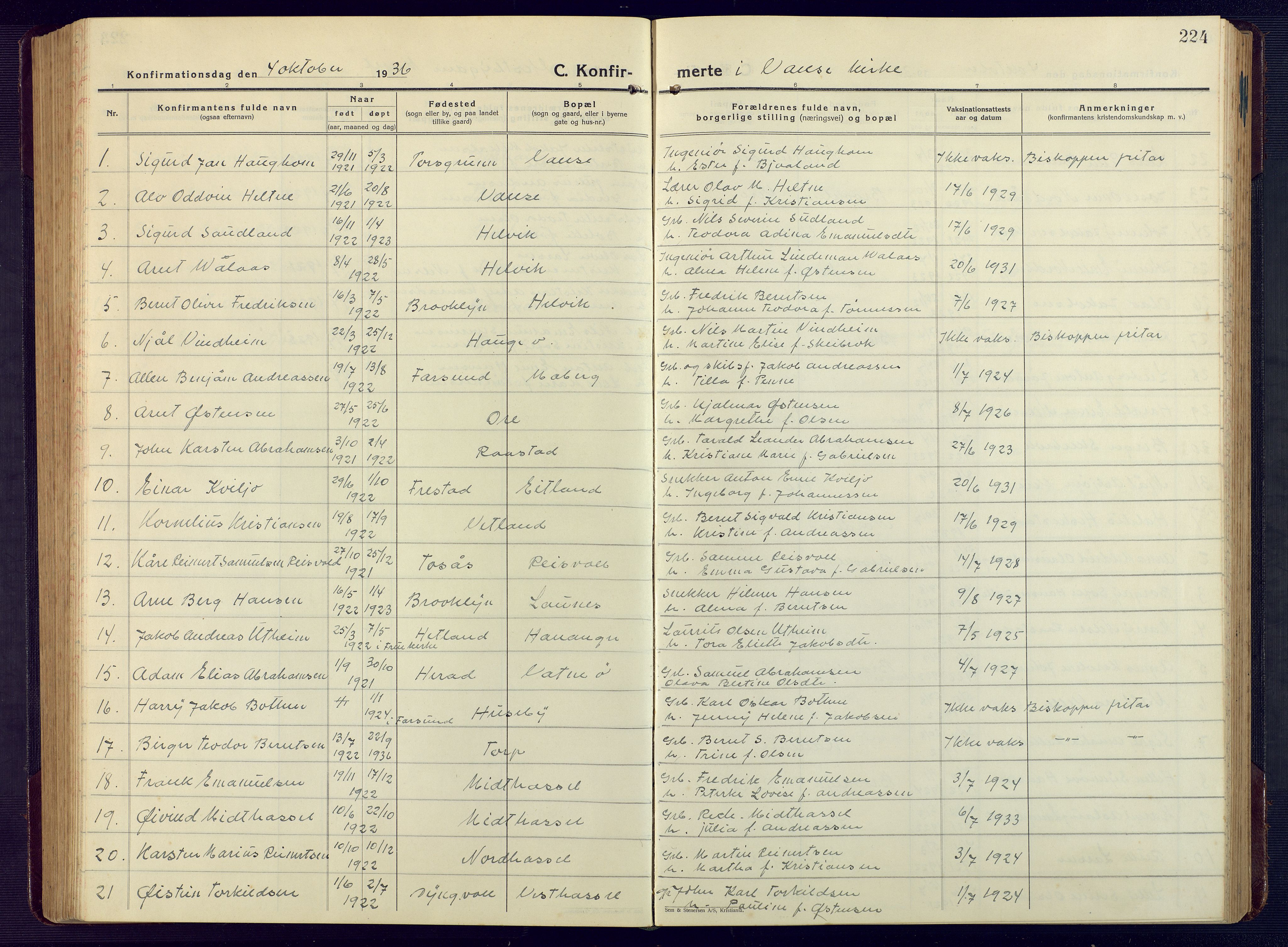 Lista sokneprestkontor, AV/SAK-1111-0027/F/Fb/L0006: Parish register (copy) no. B 6, 1924-1947, p. 224