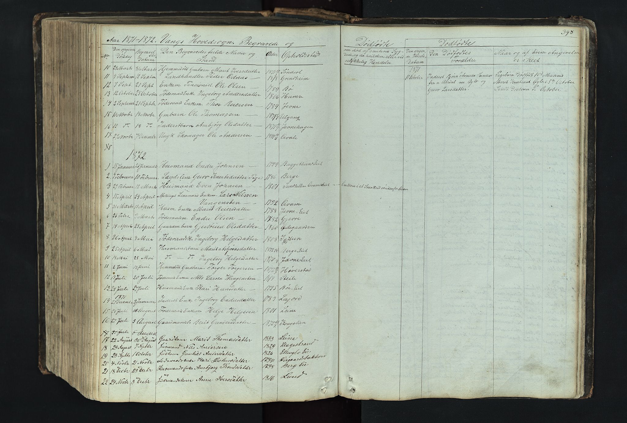 Vang prestekontor, Valdres, SAH/PREST-140/H/Hb/L0004: Parish register (copy) no. 4, 1835-1892, p. 398