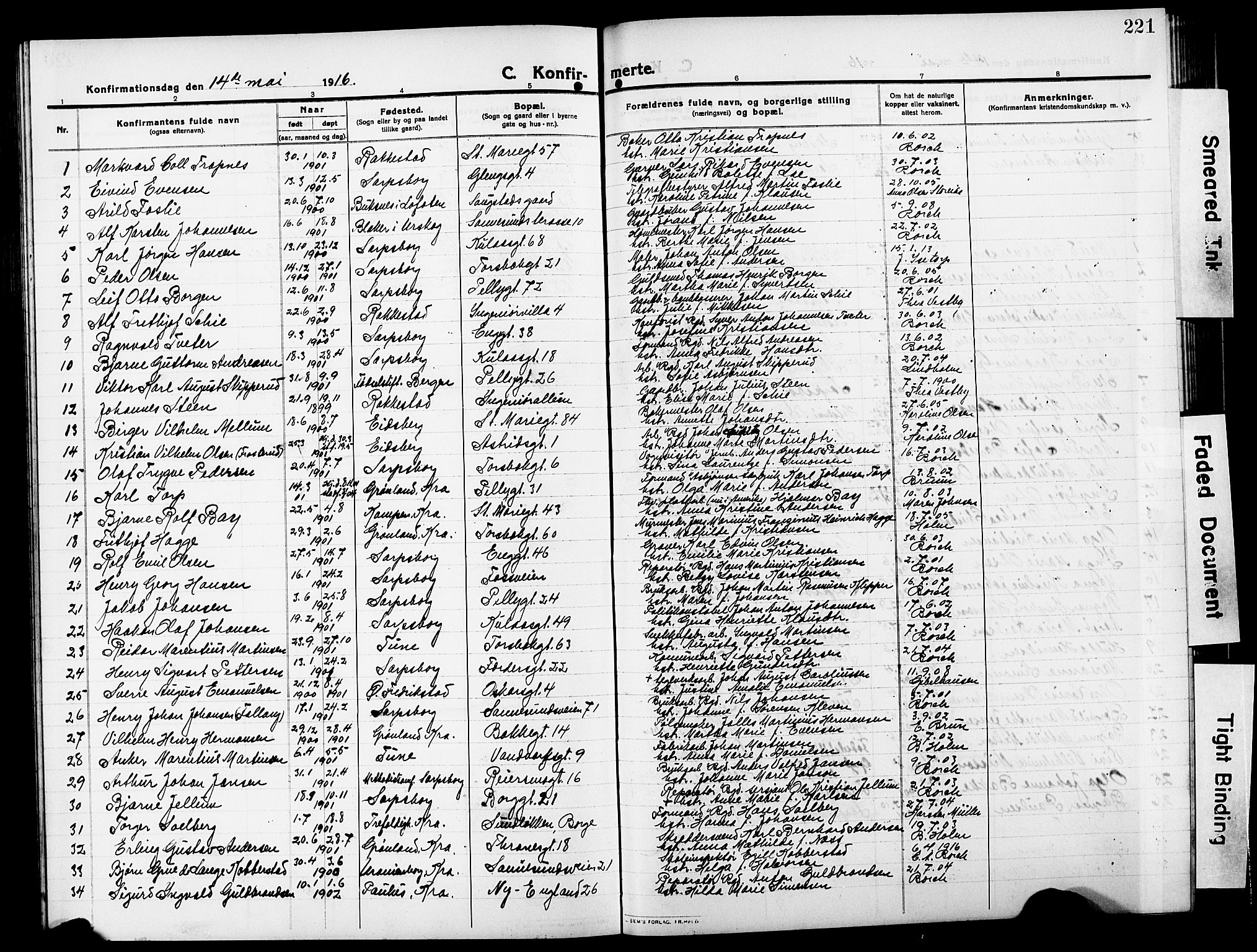 Sarpsborg prestekontor Kirkebøker, AV/SAO-A-2006/G/Ga/L0002: Parish register (copy) no. 2, 1912-1931, p. 221