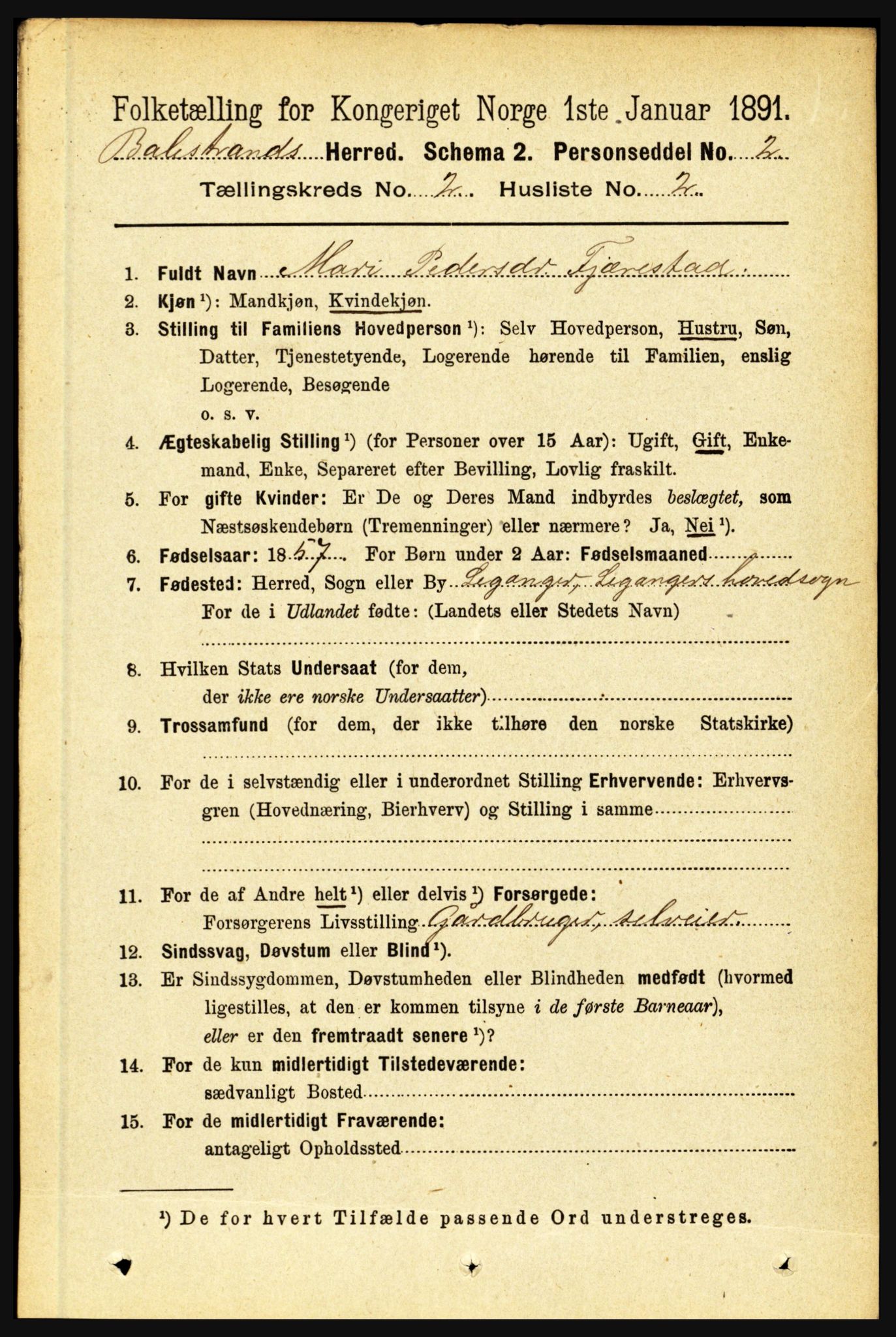 RA, 1891 census for 1418 Balestrand, 1891, p. 284