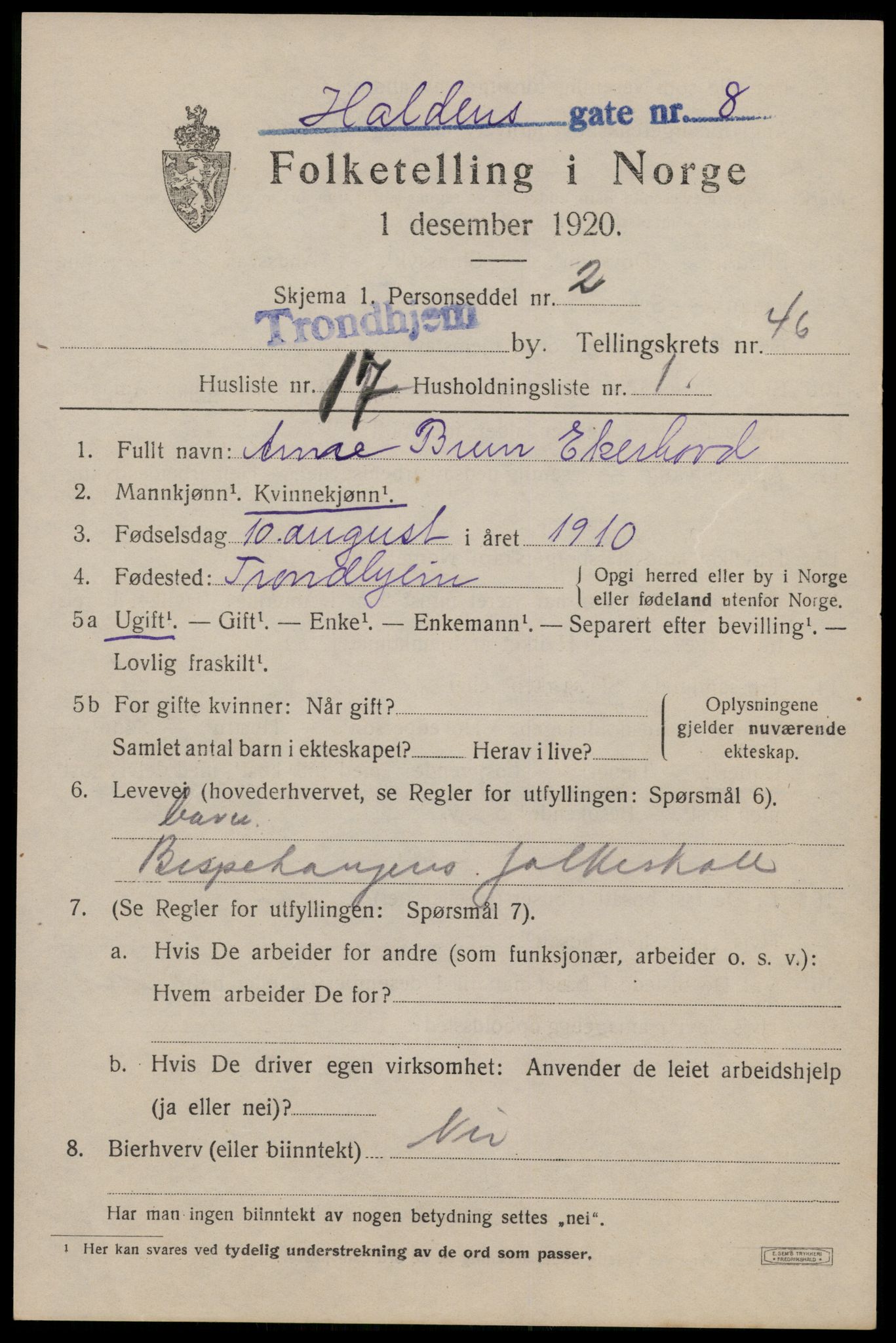 SAT, 1920 census for Trondheim, 1920, p. 98442