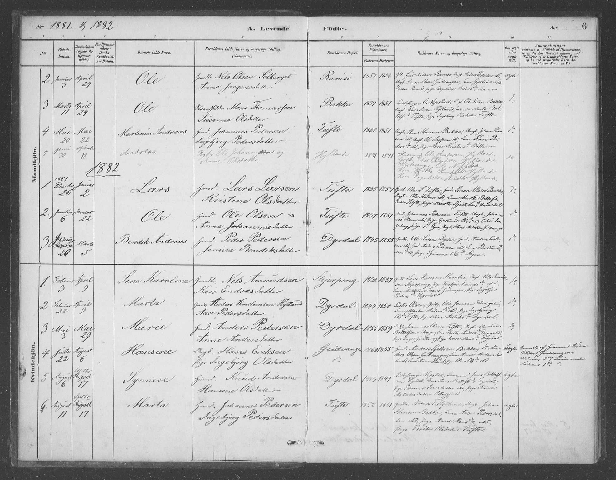 Aurland sokneprestembete, SAB/A-99937/H/Ha/Had/L0001: Parish register (official) no. D  1, 1880-1903, p. 6