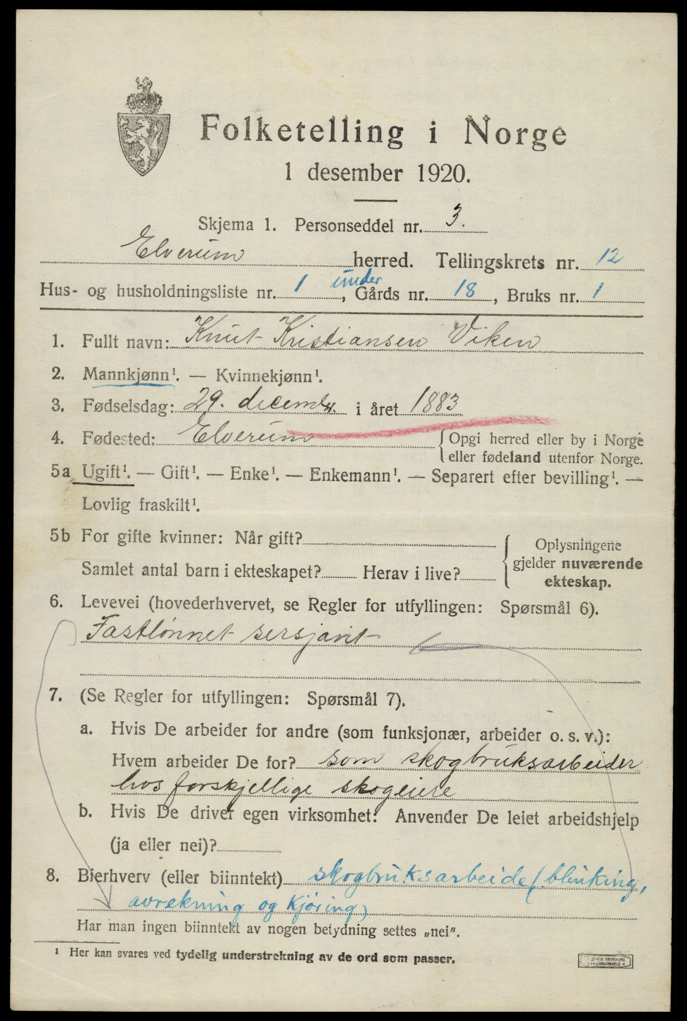 SAH, 1920 census for Elverum, 1920, p. 16944