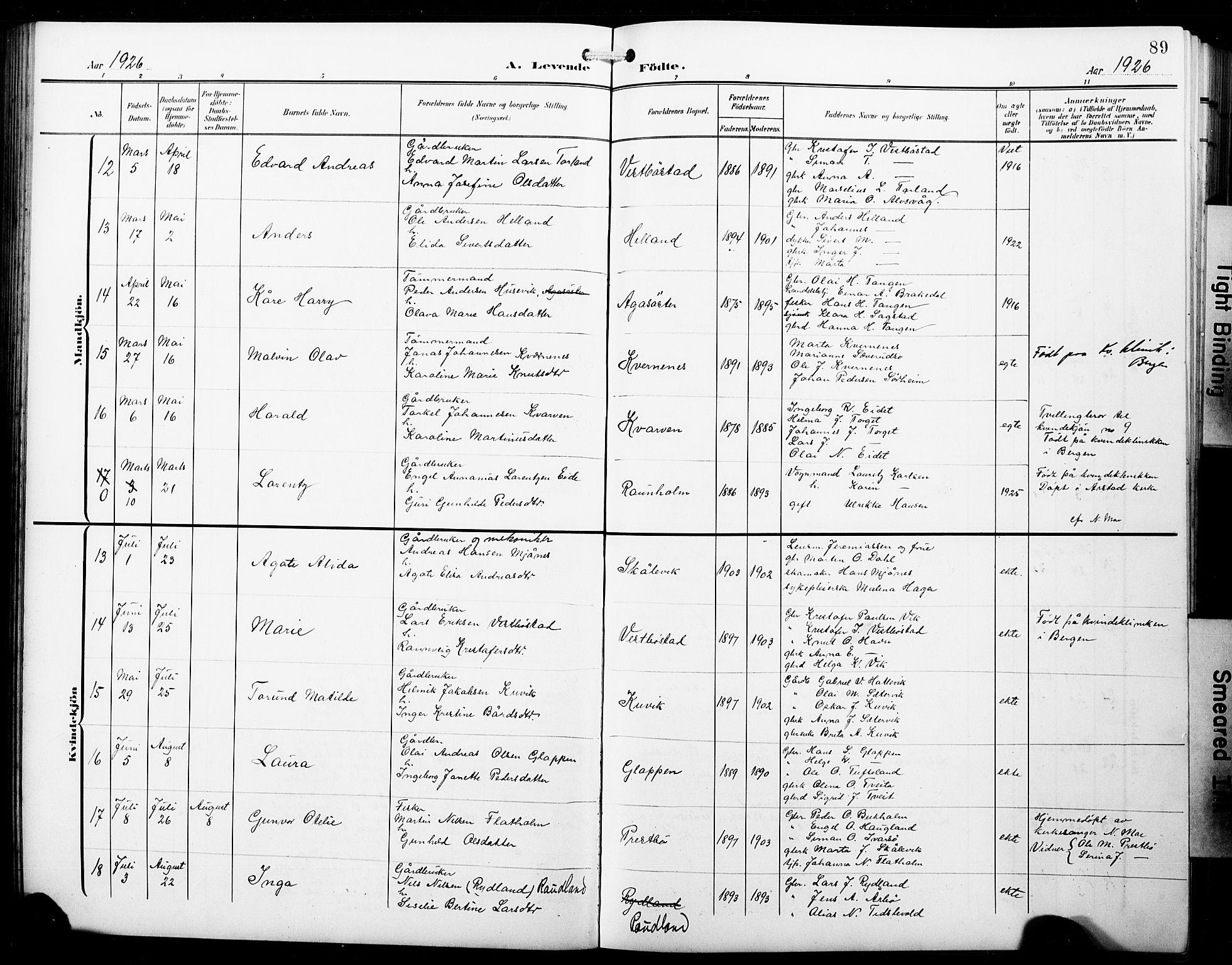 Fitjar sokneprestembete, AV/SAB-A-99926: Parish register (copy) no. B 1, 1906-1928, p. 89