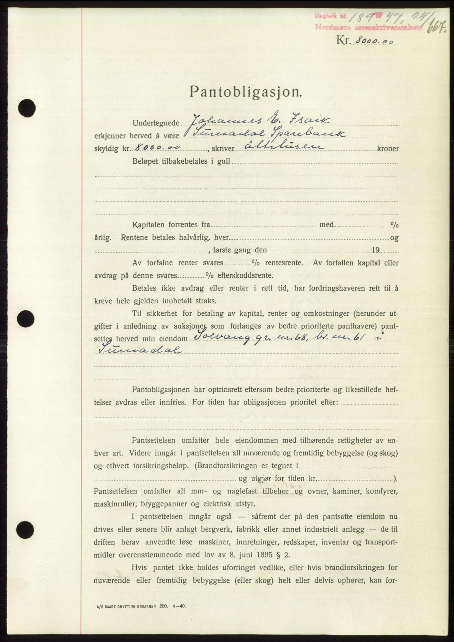 Nordmøre sorenskriveri, AV/SAT-A-4132/1/2/2Ca: Mortgage book no. B95, 1946-1947, Diary no: : 189/1947