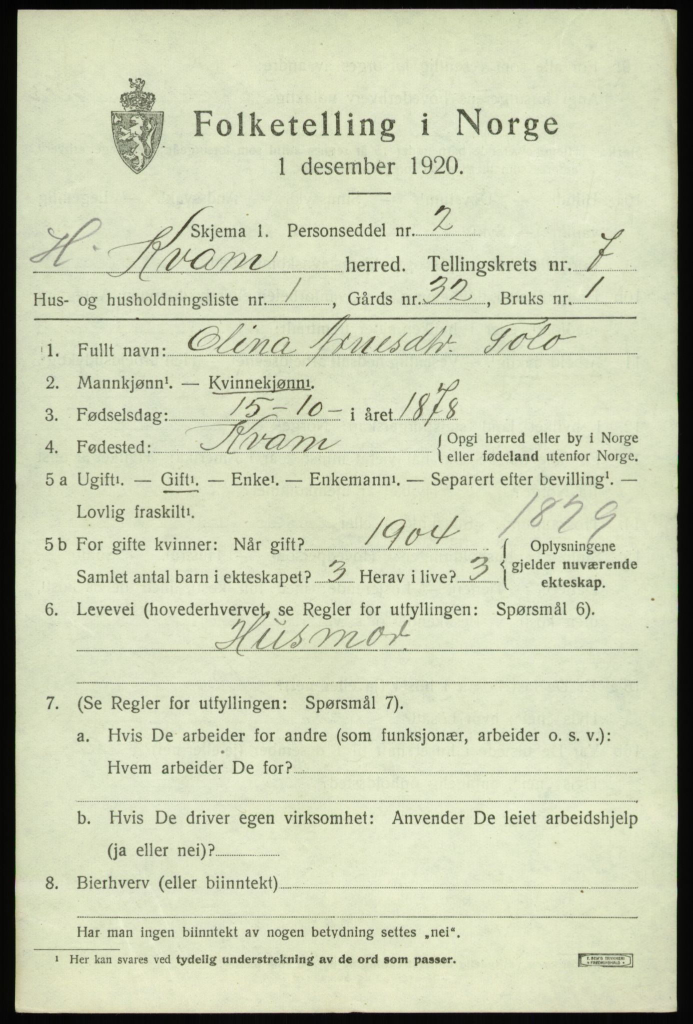 SAB, 1920 census for Kvam, 1920, p. 4735