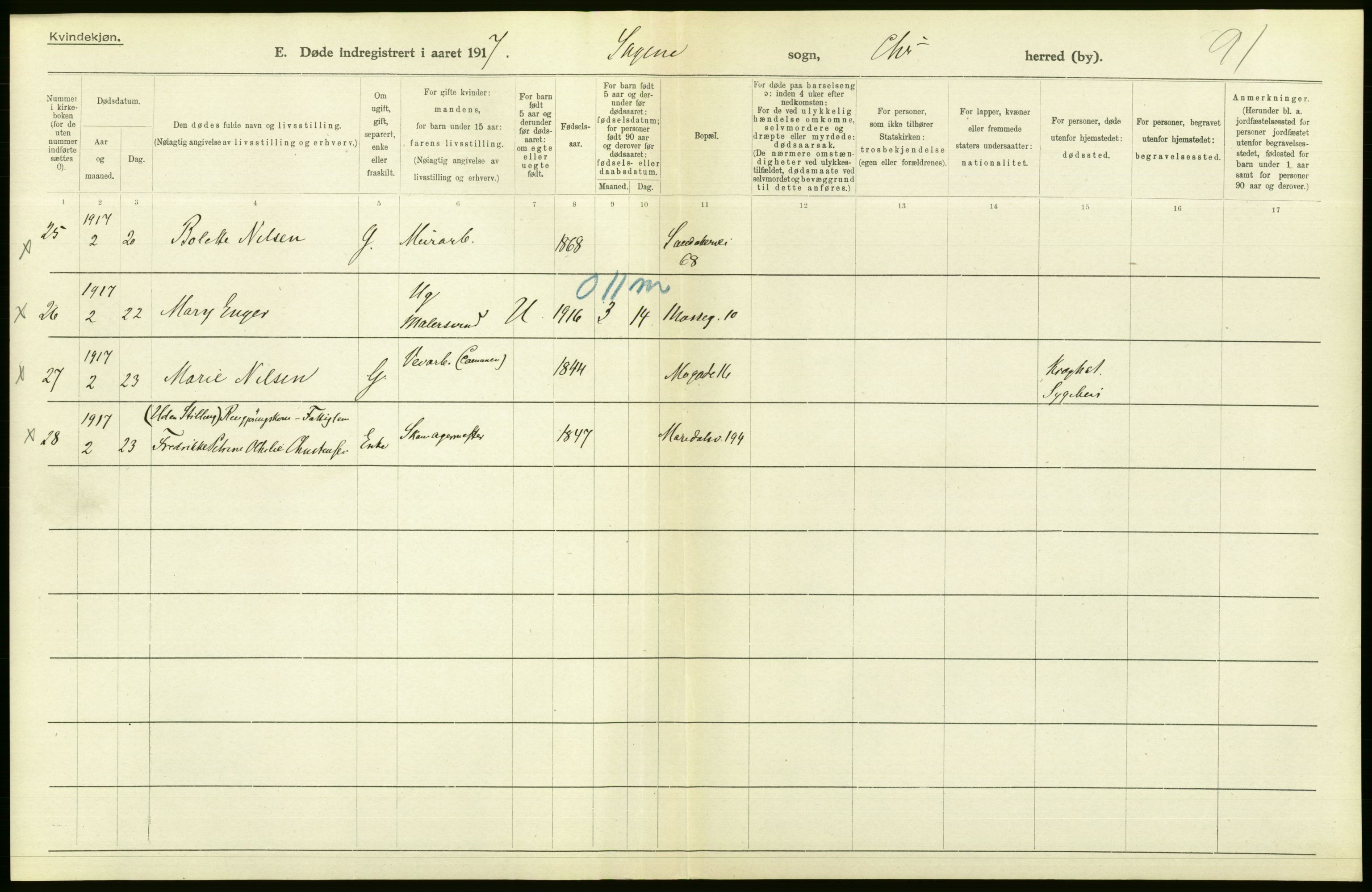 Statistisk sentralbyrå, Sosiodemografiske emner, Befolkning, AV/RA-S-2228/D/Df/Dfb/Dfbg/L0010: Kristiania: Døde, 1917, p. 120