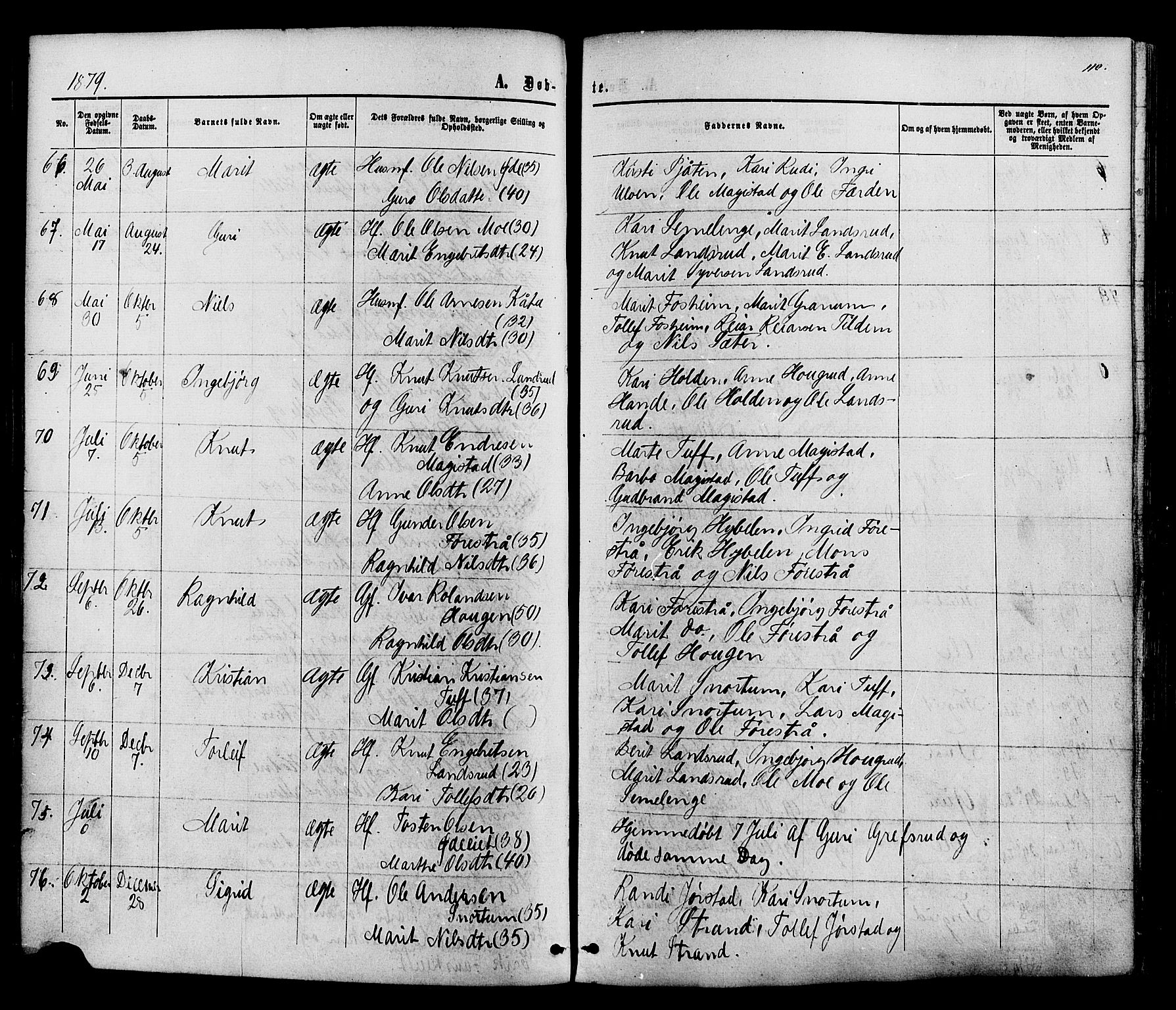 Vestre Slidre prestekontor, SAH/PREST-136/H/Ha/Haa/L0003: Parish register (official) no. 3, 1865-1880, p. 110