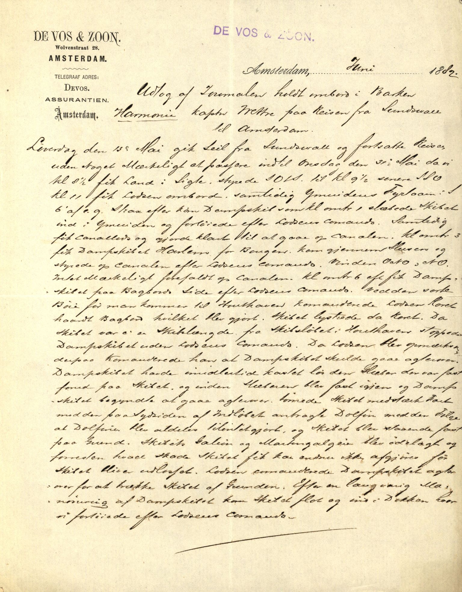 Pa 63 - Østlandske skibsassuranceforening, VEMU/A-1079/G/Ga/L0015/0005: Havaridokumenter / Harmoni, Henrik Wergeland, Mjølner, Lindesnæs, 1882, p. 5