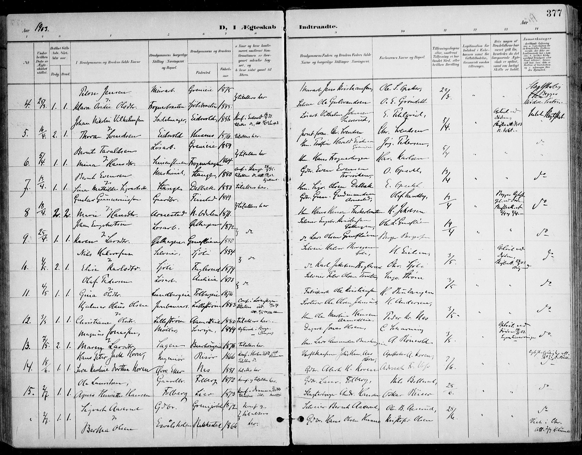 Nes prestekontor Kirkebøker, AV/SAO-A-10410/F/Fa/L0011: Parish register (official) no. I 11, 1899-1918, p. 377