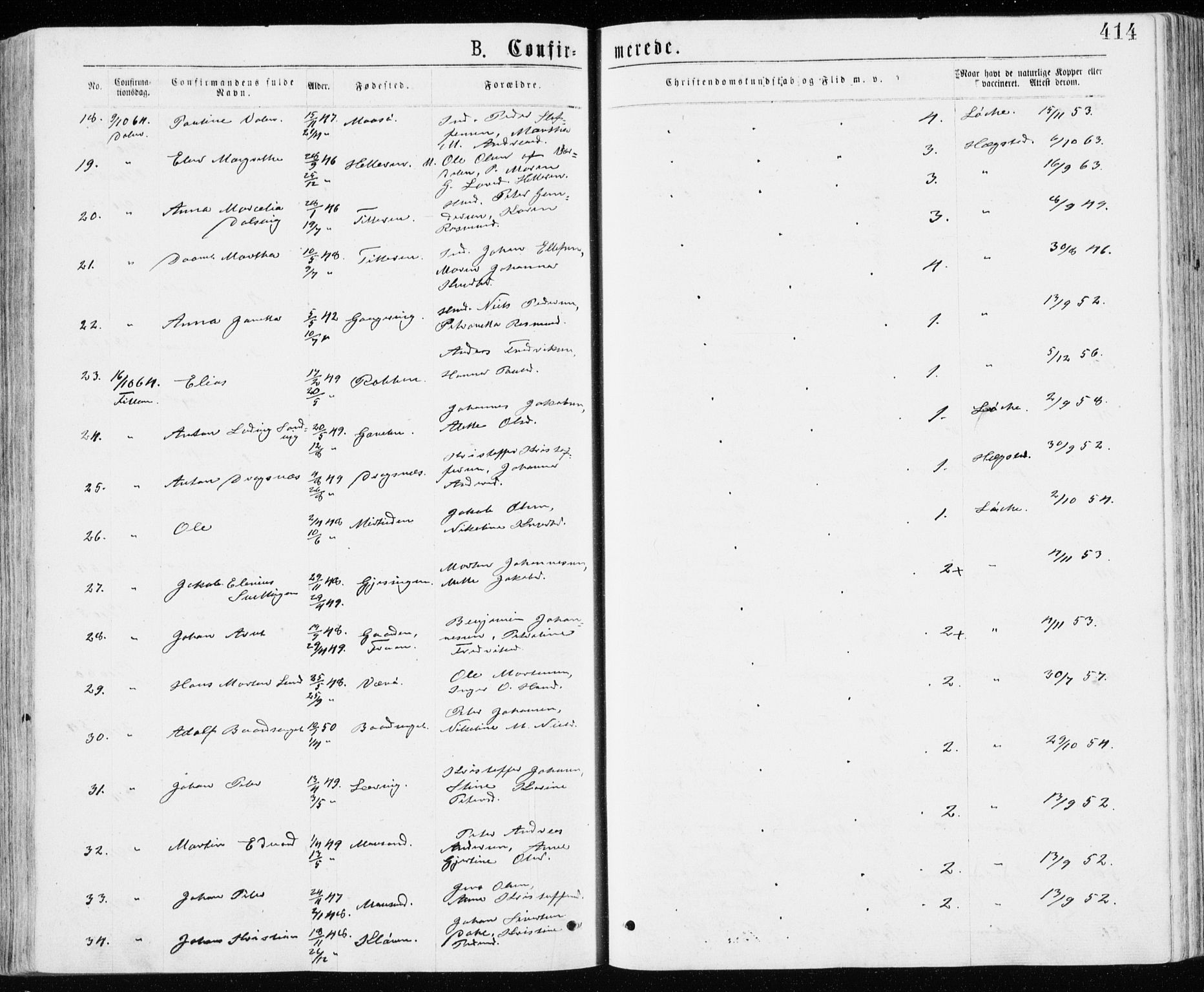 Ministerialprotokoller, klokkerbøker og fødselsregistre - Sør-Trøndelag, SAT/A-1456/640/L0576: Parish register (official) no. 640A01, 1846-1876, p. 414