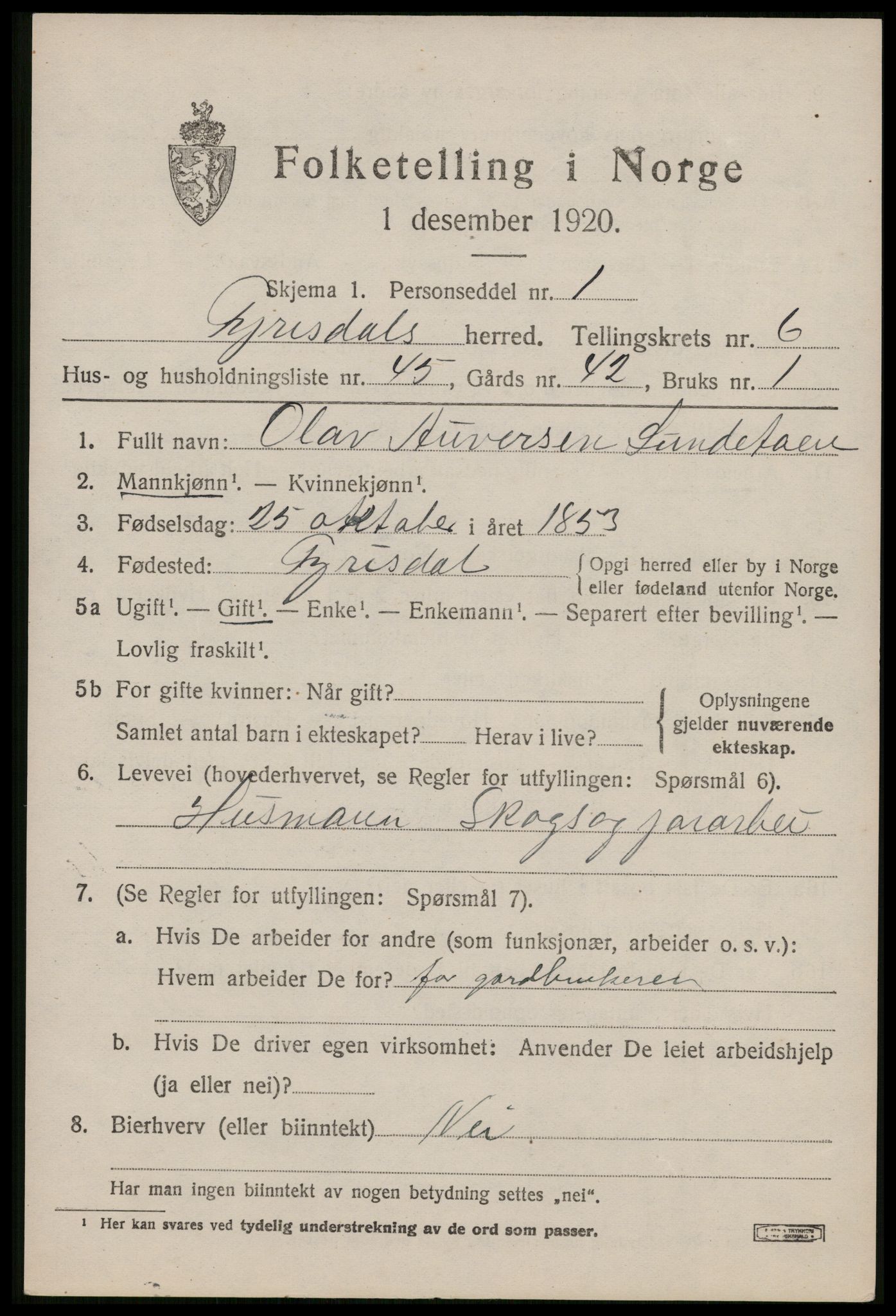 SAKO, 1920 census for Fyresdal, 1920, p. 2667