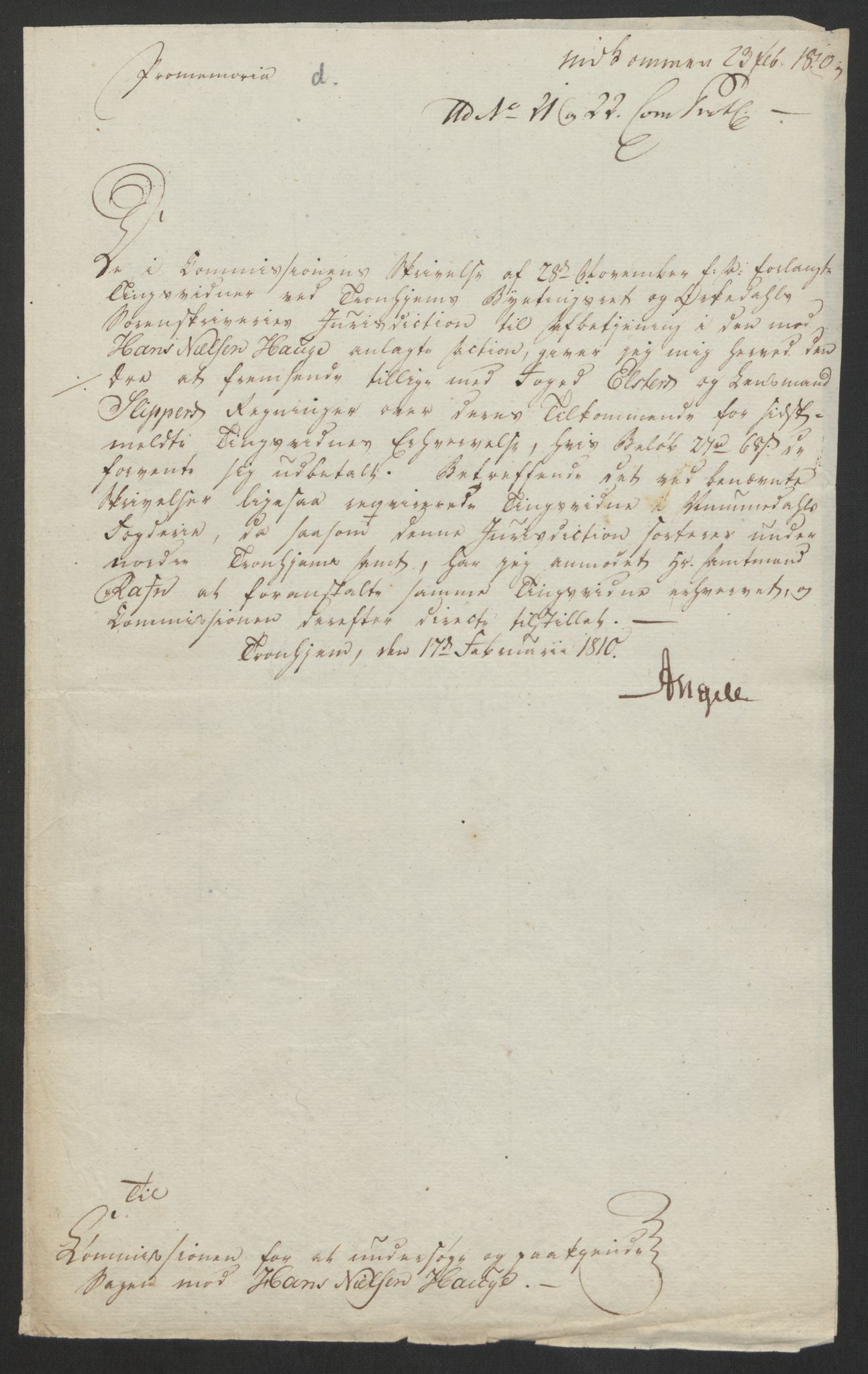 Justisdepartementet, Kommisjon i saken mot Hans Nielsen Hauge 1804, AV/RA-S-1151/D/L0005: Hans Nielsen Hauges sak, 1813, p. 105