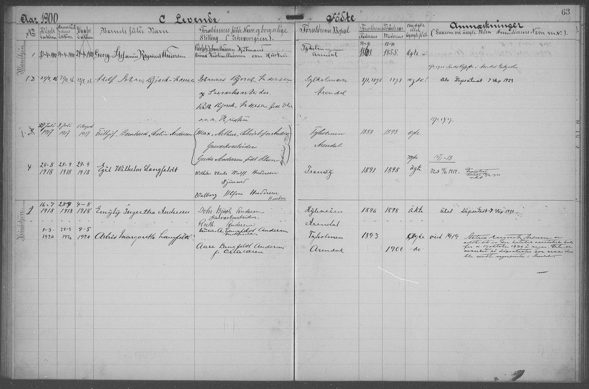 Den katolsk-apostoliske menighet, Arendal, AV/SAK-1292-0009/F/Fa/L0002: Dissenter register no. F 9, 1900-1938, p. 63