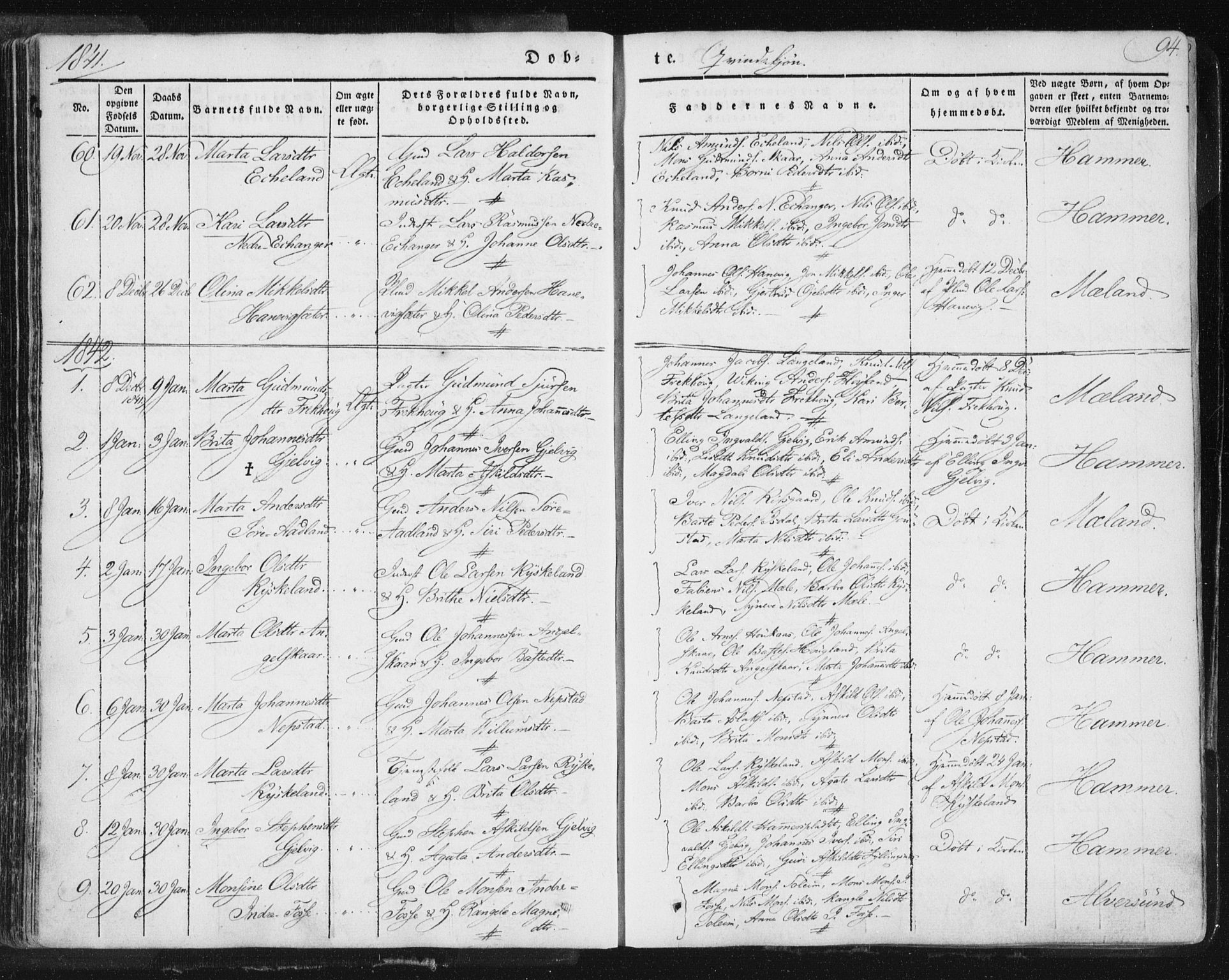 Hamre sokneprestembete, SAB/A-75501/H/Ha/Haa/Haaa/L0012: Parish register (official) no. A 12, 1834-1845, p. 94