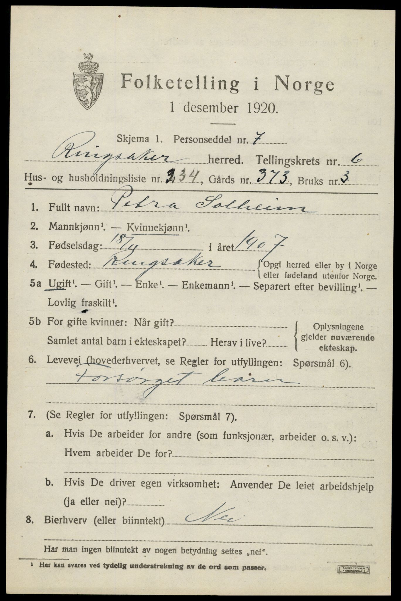 SAH, 1920 census for Ringsaker, 1920, p. 15084