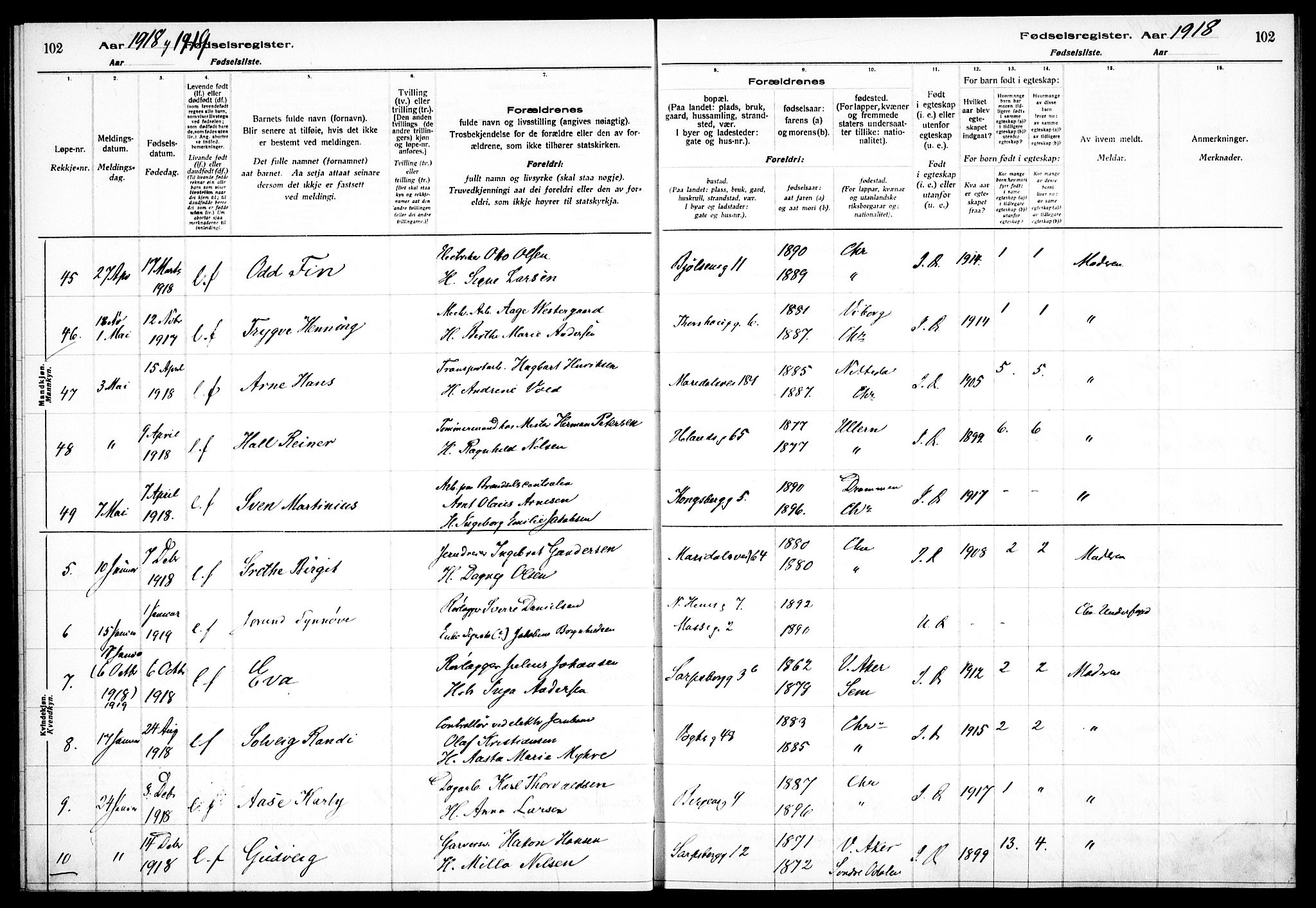 Sagene prestekontor Kirkebøker, AV/SAO-A-10796/J/L0001: Birth register no. 1, 1916-1920, p. 102