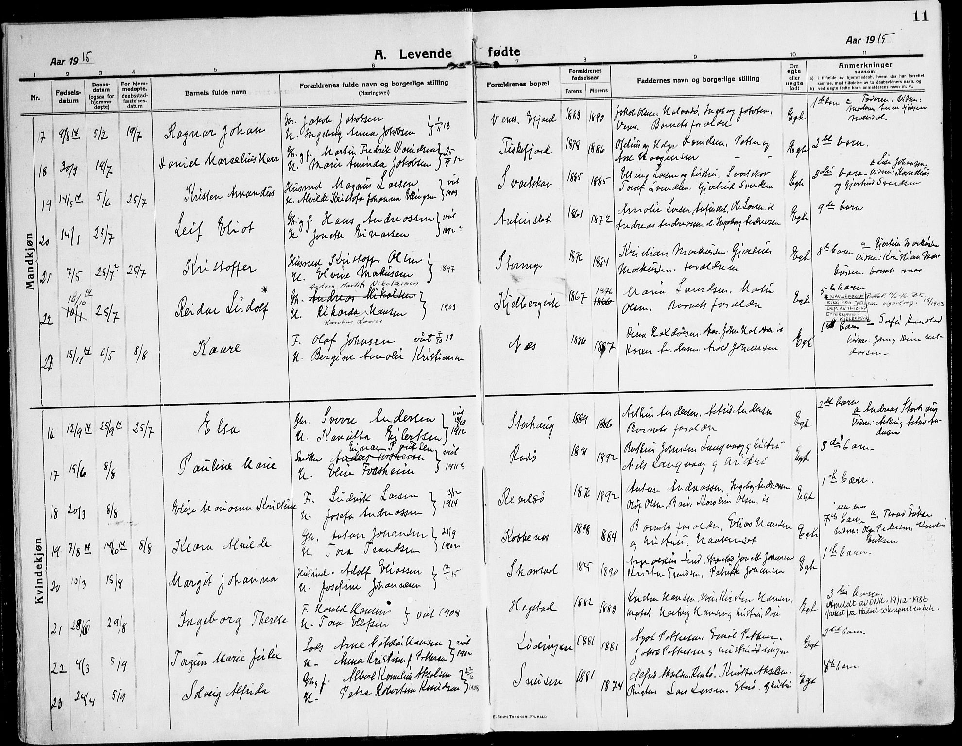 Ministerialprotokoller, klokkerbøker og fødselsregistre - Nordland, AV/SAT-A-1459/872/L1037: Parish register (official) no. 872A12, 1914-1925, p. 11