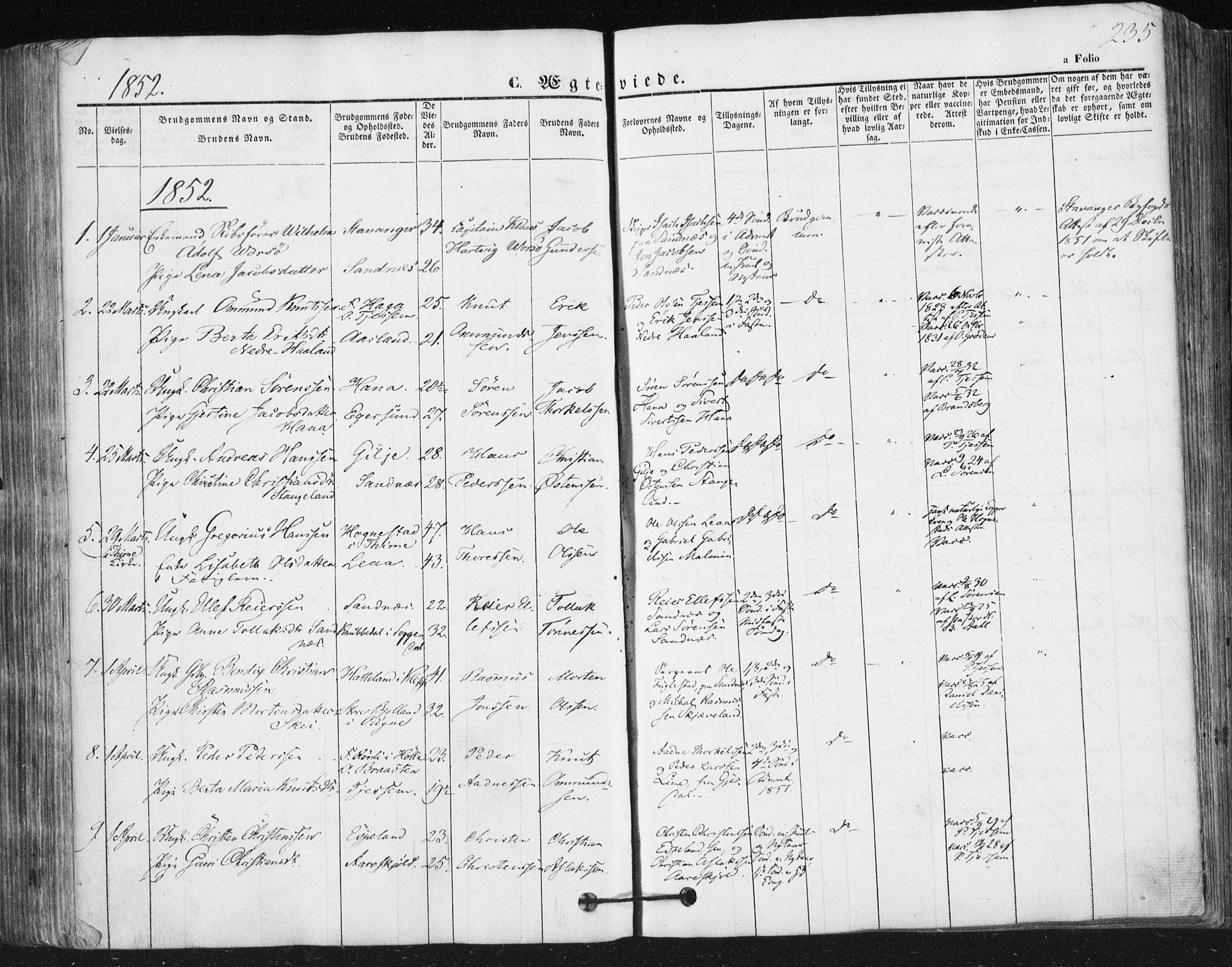 Høyland sokneprestkontor, SAST/A-101799/001/30BA/L0008: Parish register (official) no. A 8, 1841-1856, p. 235
