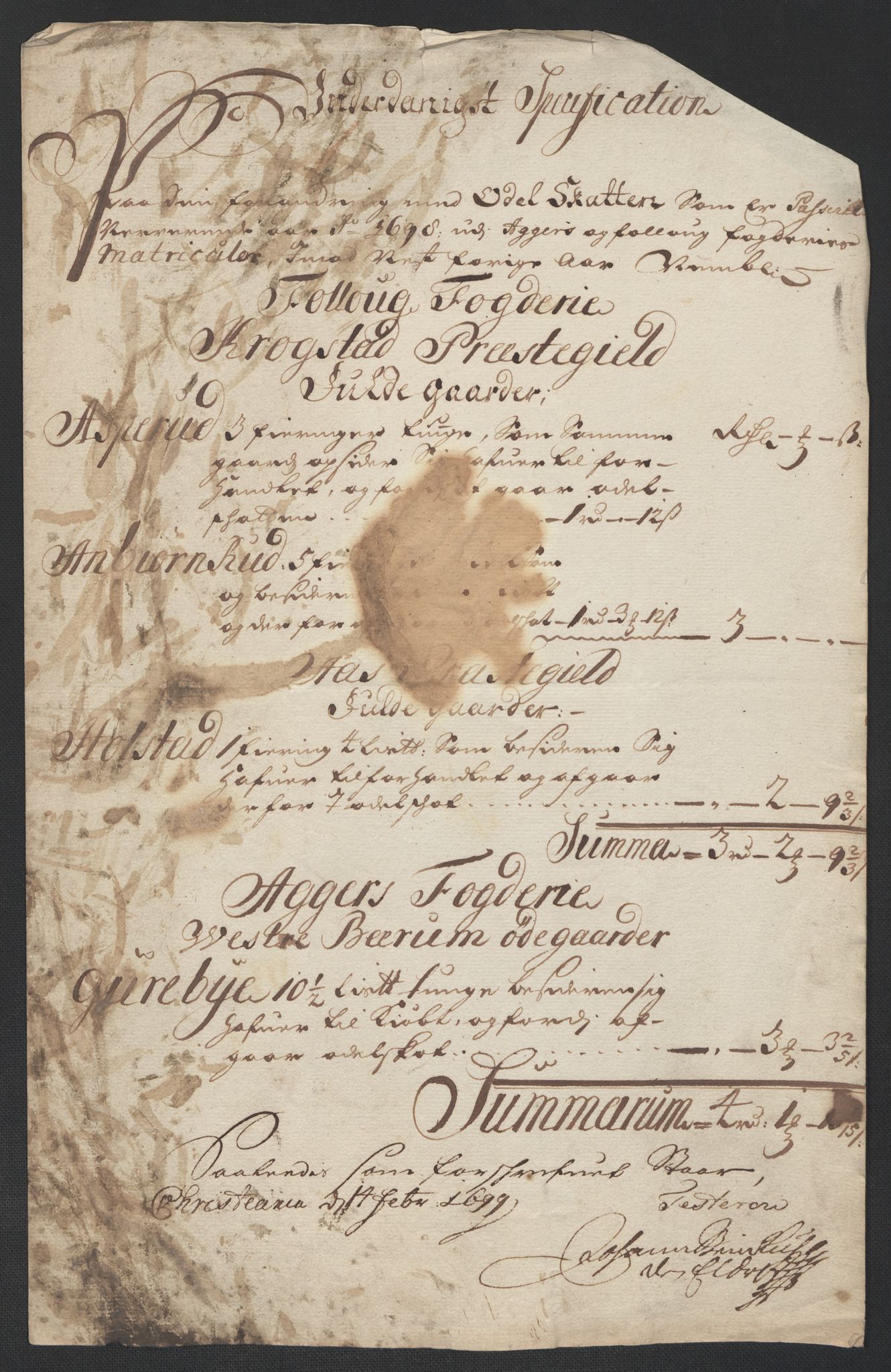 Rentekammeret inntil 1814, Reviderte regnskaper, Fogderegnskap, RA/EA-4092/R10/L0441: Fogderegnskap Aker og Follo, 1698, p. 250