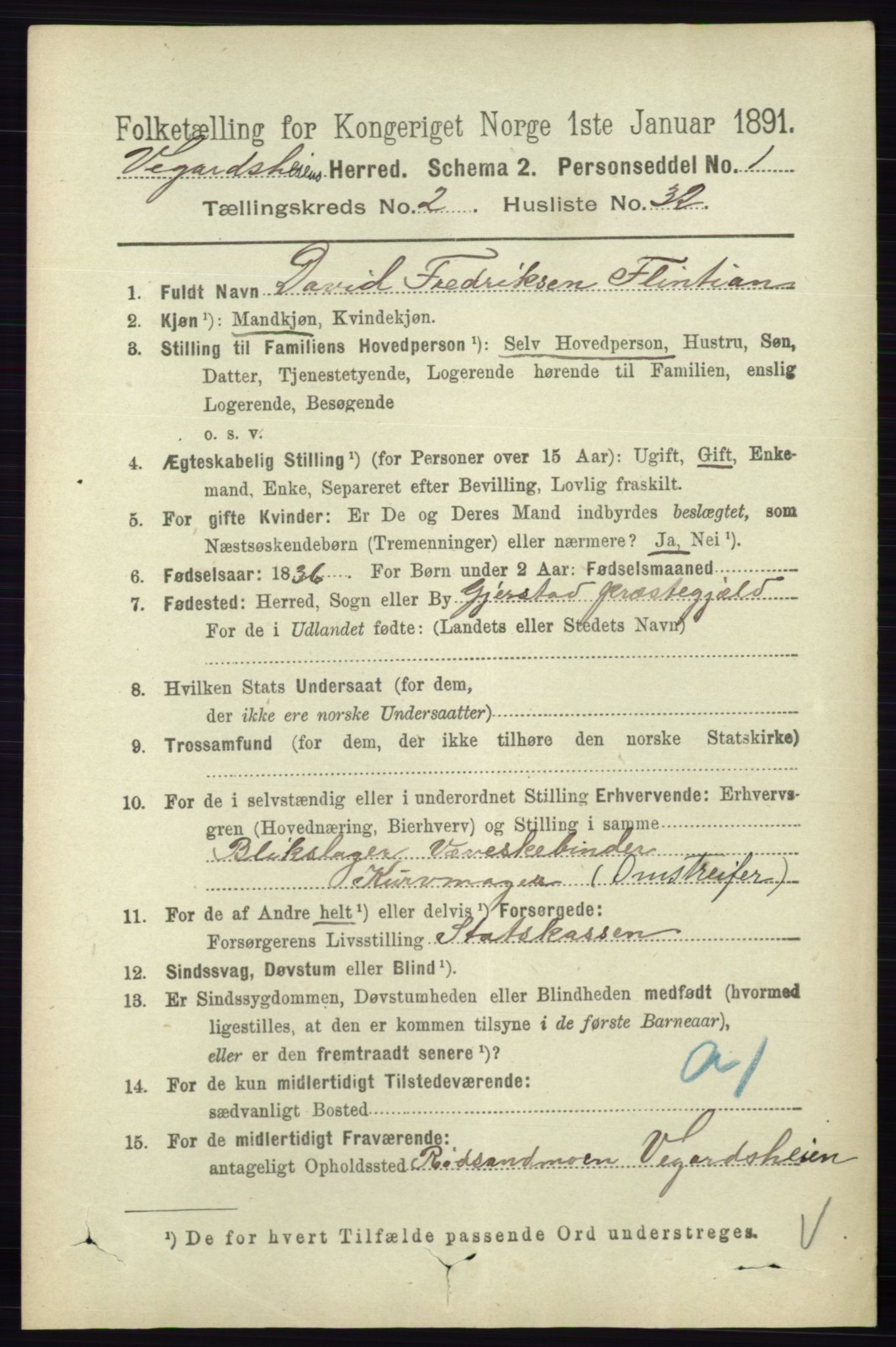 RA, 1891 census for 0912 Vegårshei, 1891, p. 599