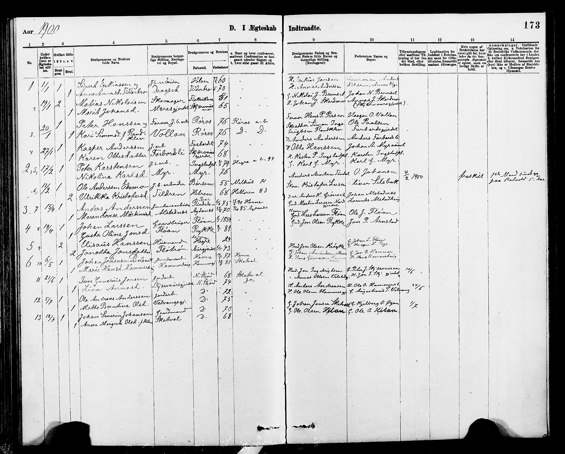 Ministerialprotokoller, klokkerbøker og fødselsregistre - Nord-Trøndelag, SAT/A-1458/712/L0103: Parish register (copy) no. 712C01, 1878-1917, p. 173
