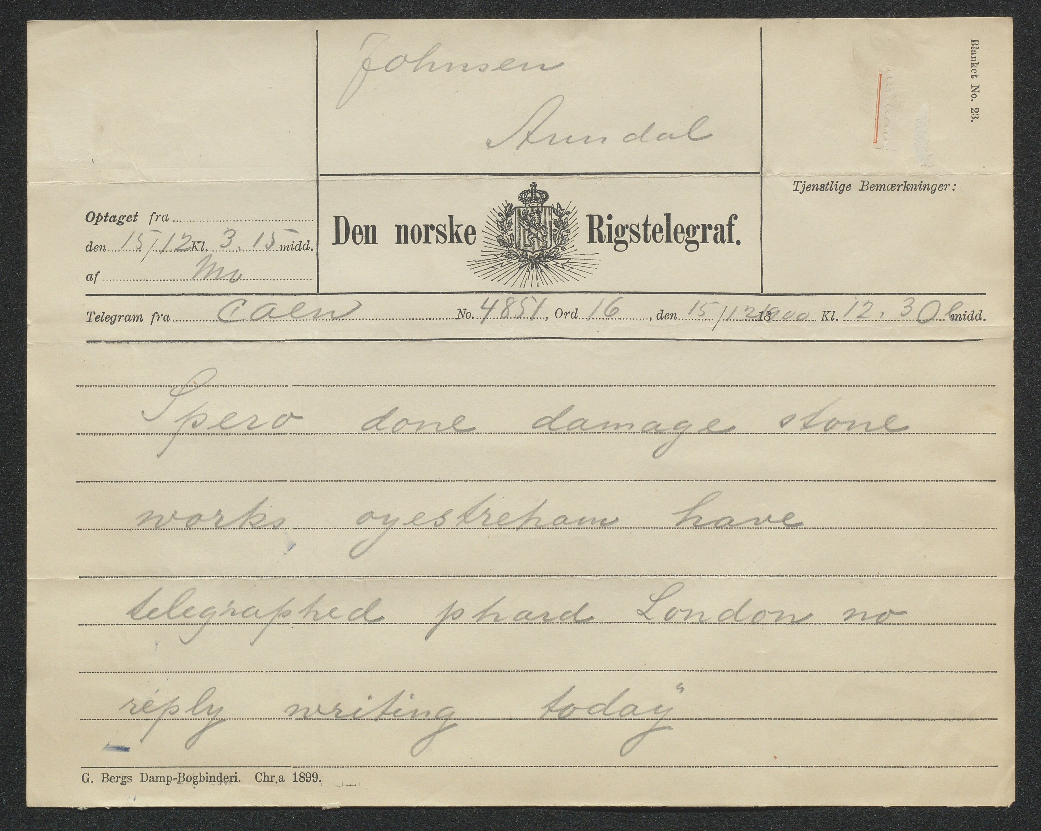 Arendals Dampskibsselskab (ADS), AAKS/PA-1716/1/15/L0018: Skipspapirer D/S Spero, 1898-1904