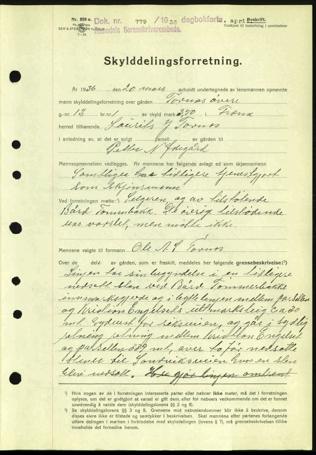 Romsdal sorenskriveri, AV/SAT-A-4149/1/2/2C: Mortgage book no. A1, 1936-1936, Diary no: : 779/1936