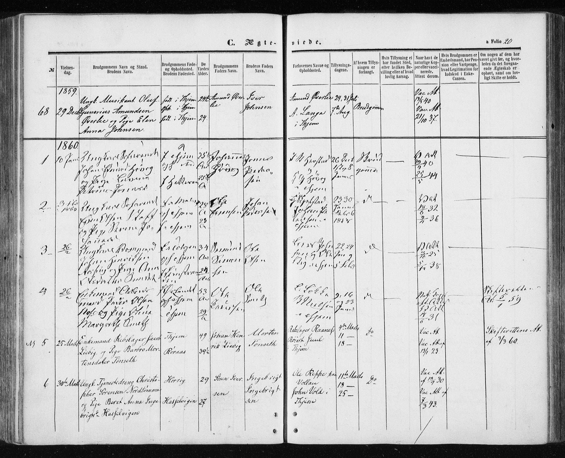 Ministerialprotokoller, klokkerbøker og fødselsregistre - Sør-Trøndelag, SAT/A-1456/601/L0053: Parish register (official) no. 601A21, 1857-1865, p. 20