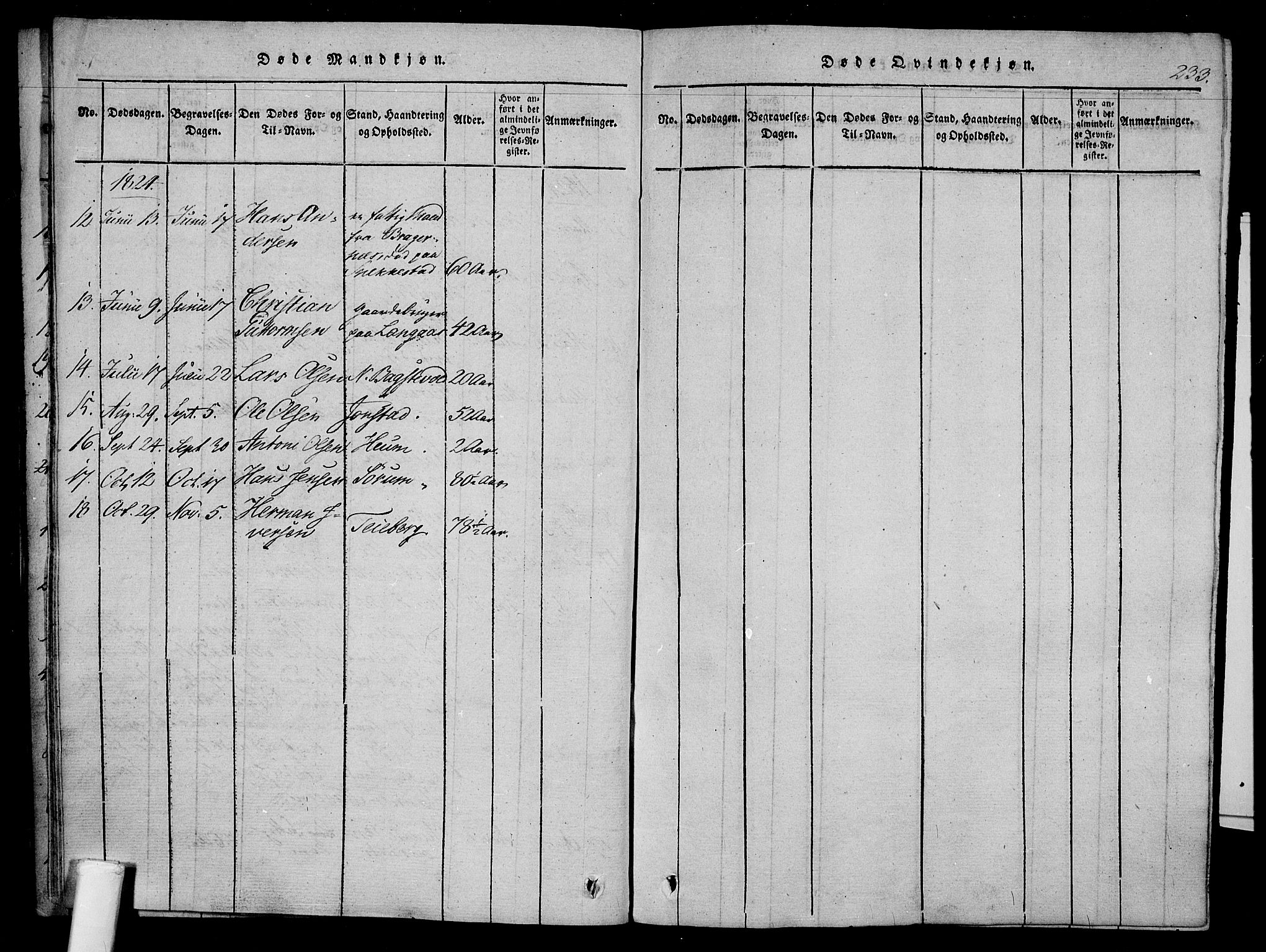 Våle kirkebøker, AV/SAKO-A-334/F/Fa/L0007: Parish register (official) no. I 7, 1814-1824, p. 232-233