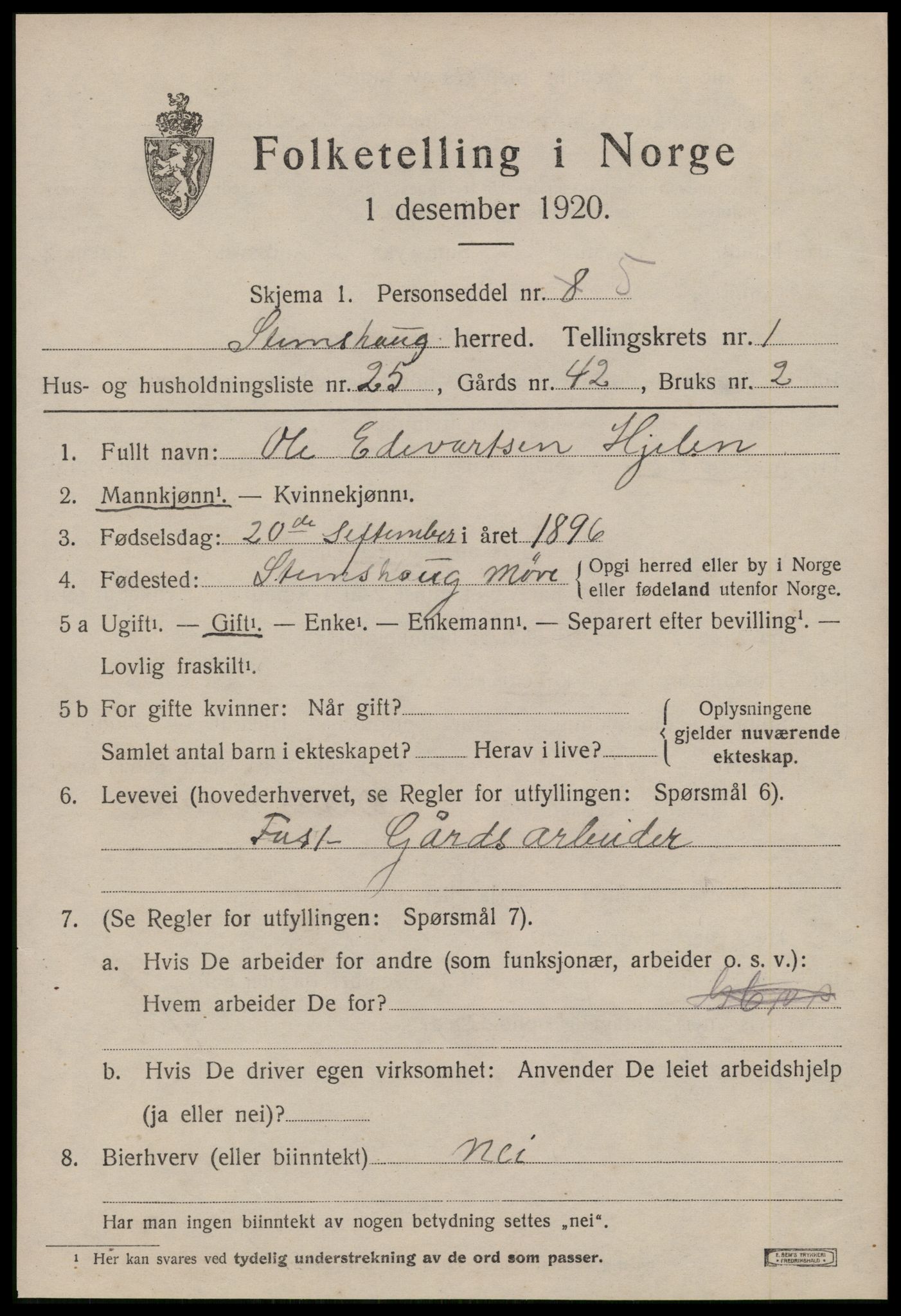 SAT, 1920 census for Stemshaug, 1920, p. 646