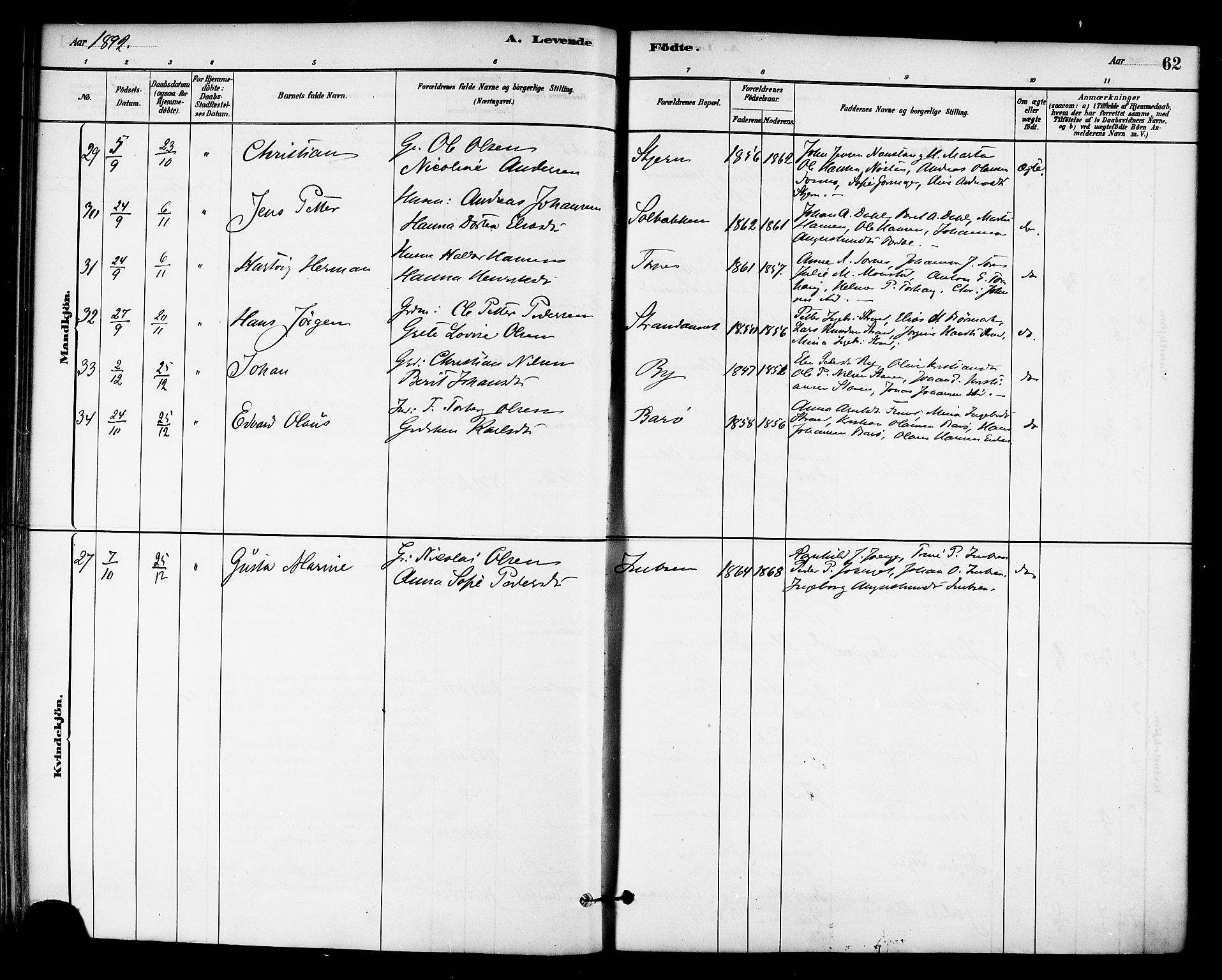 Ministerialprotokoller, klokkerbøker og fødselsregistre - Sør-Trøndelag, SAT/A-1456/655/L0680: Parish register (official) no. 655A09, 1880-1894, p. 62