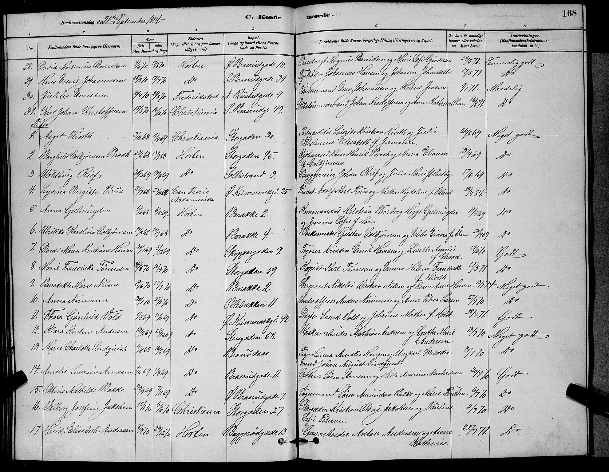 Horten kirkebøker, SAKO/A-348/G/Ga/L0003: Parish register (copy) no. 4, 1878-1887, p. 168