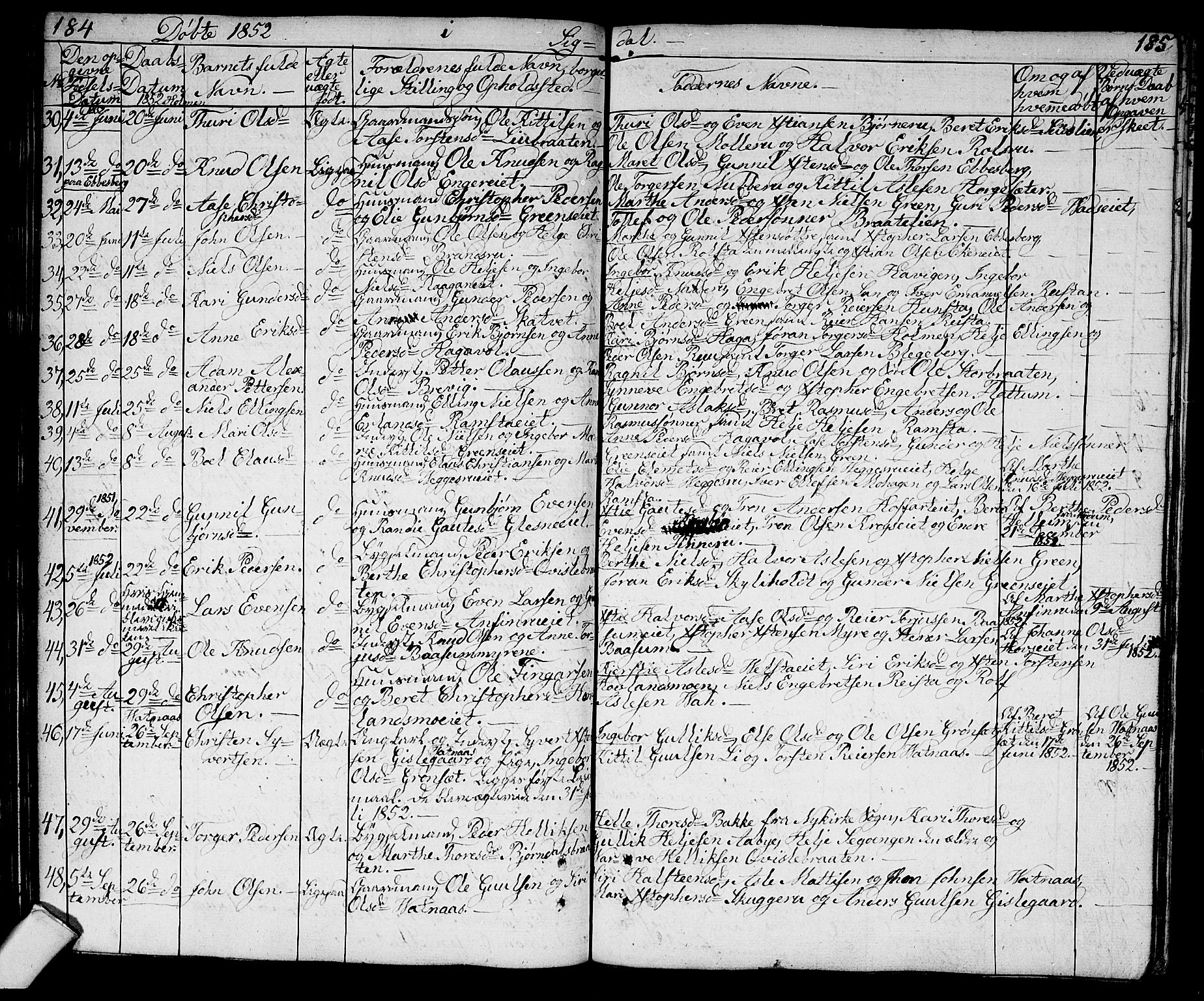 Sigdal kirkebøker, SAKO/A-245/G/Ga/L0002: Parish register (copy) no. I 2, 1835-1856, p. 184-185