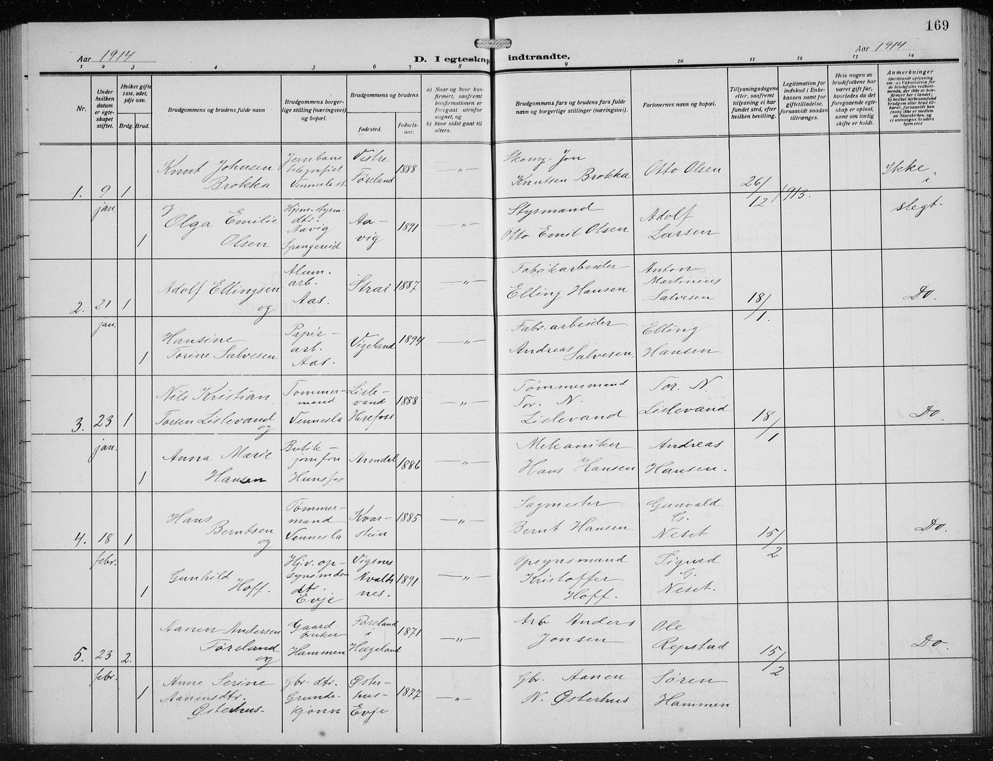 Vennesla sokneprestkontor, AV/SAK-1111-0045/Fb/Fbb/L0006: Parish register (copy) no. B 6, 1914-1921, p. 169