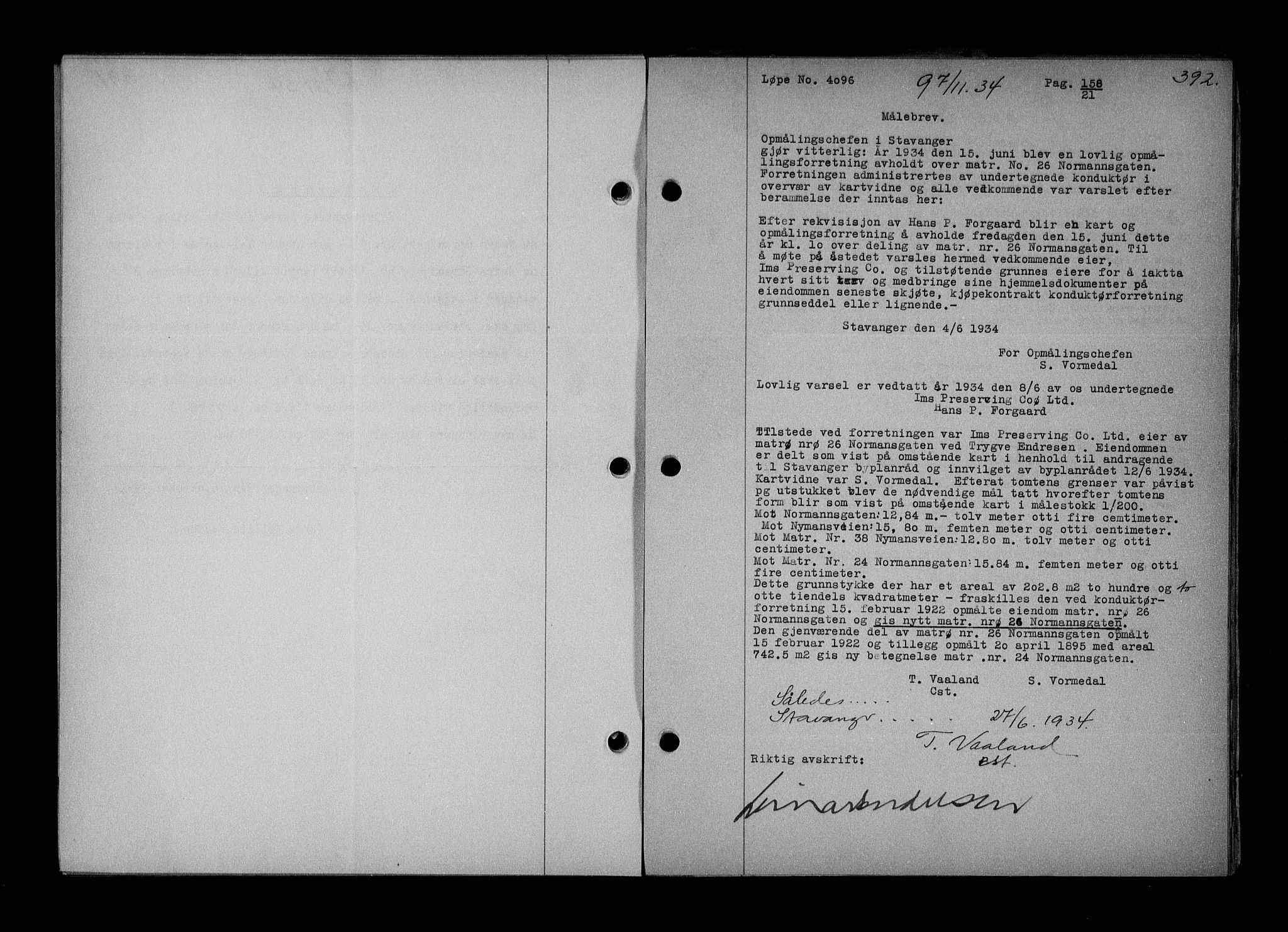 Stavanger byrett, AV/SAST-A-100455/001/4/41/410BB/L0007: Mortgage book no. 57, 1934-1934, Deed date: 07.11.1934