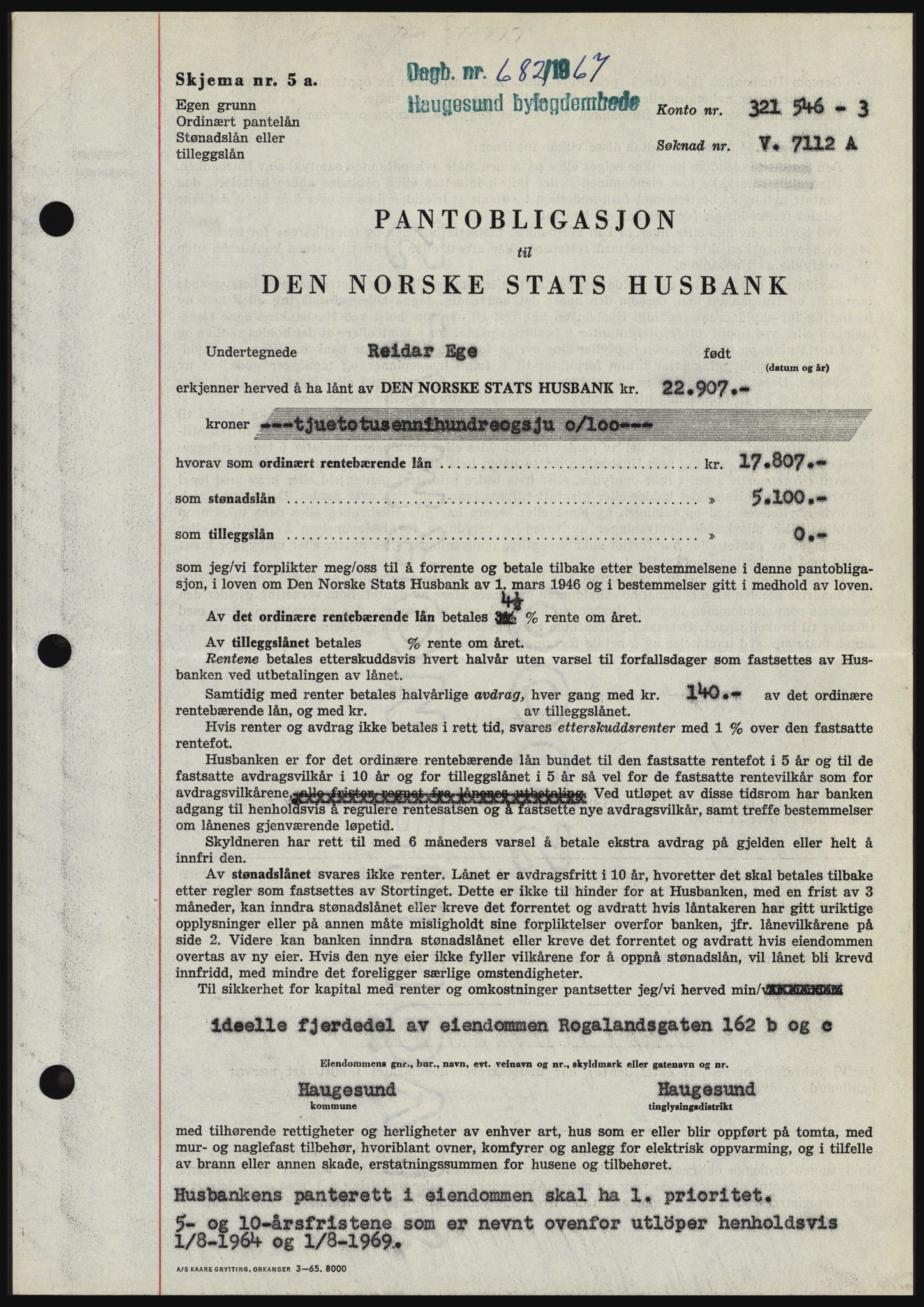Haugesund tingrett, SAST/A-101415/01/II/IIC/L0056: Mortgage book no. B 56, 1966-1967, Diary no: : 682/1967