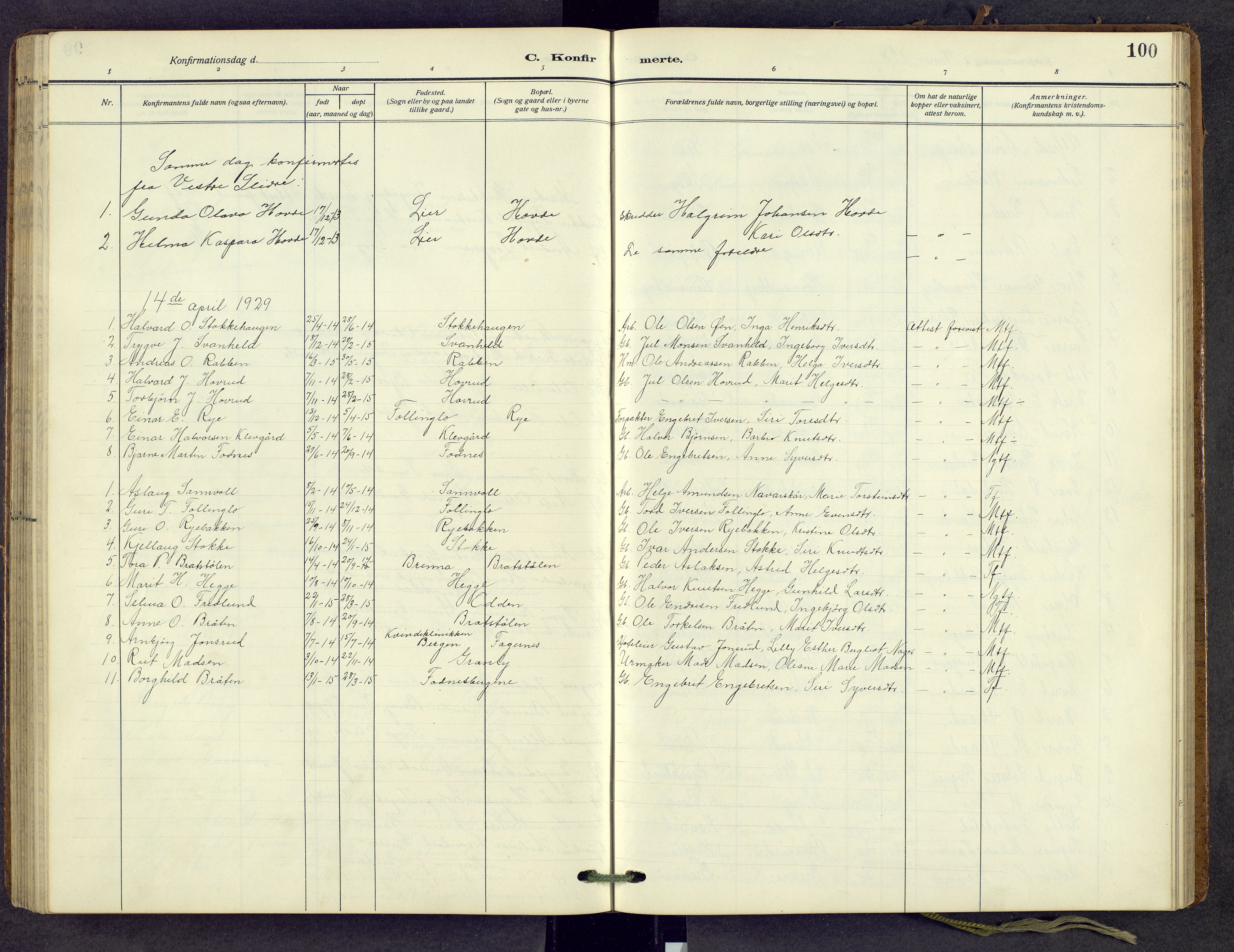 Nord-Aurdal prestekontor, SAH/PREST-132/H/Ha/Hab/L0013: Parish register (copy) no. 13, 1911-1948, p. 100