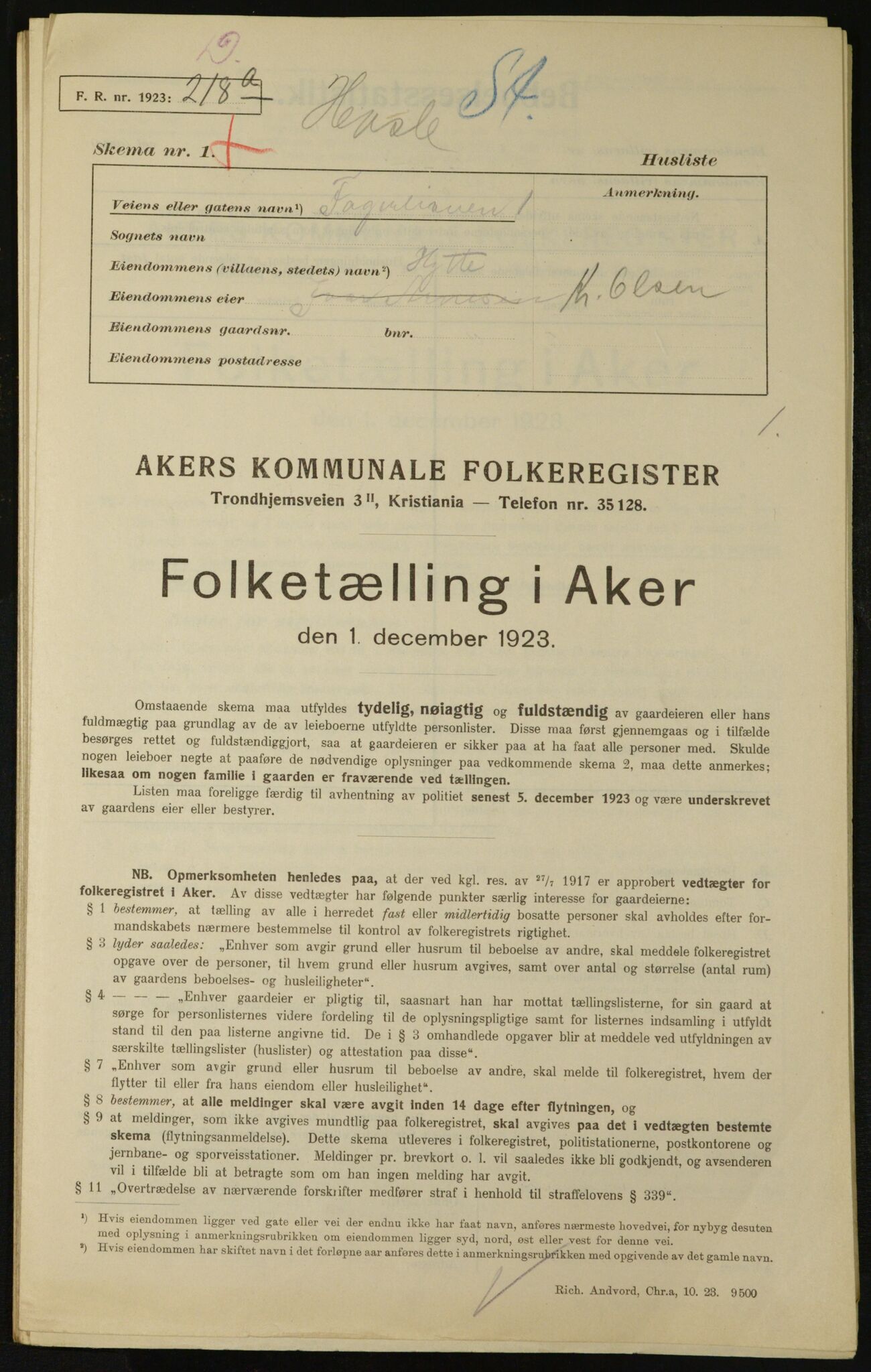 , Municipal Census 1923 for Aker, 1923, p. 23644