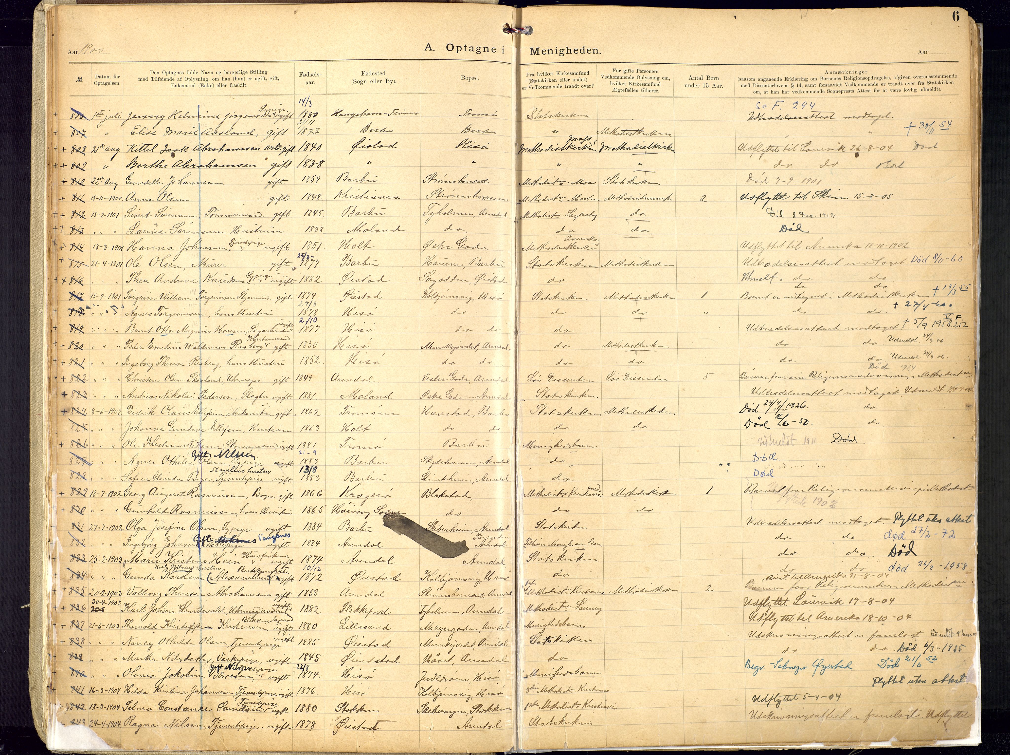 Metodistmenigheten, Arendal, SAK/1292-0011/F/Fa/L0005: Dissenter register no. 5, 1892-1942, p. 6